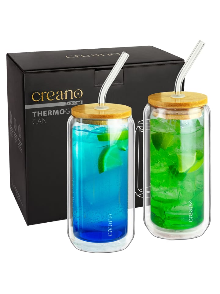 Creano 2 Thermogläser mit Glastrinkhalm und Bambusdeckel 360ml günstig kaufen 360ml