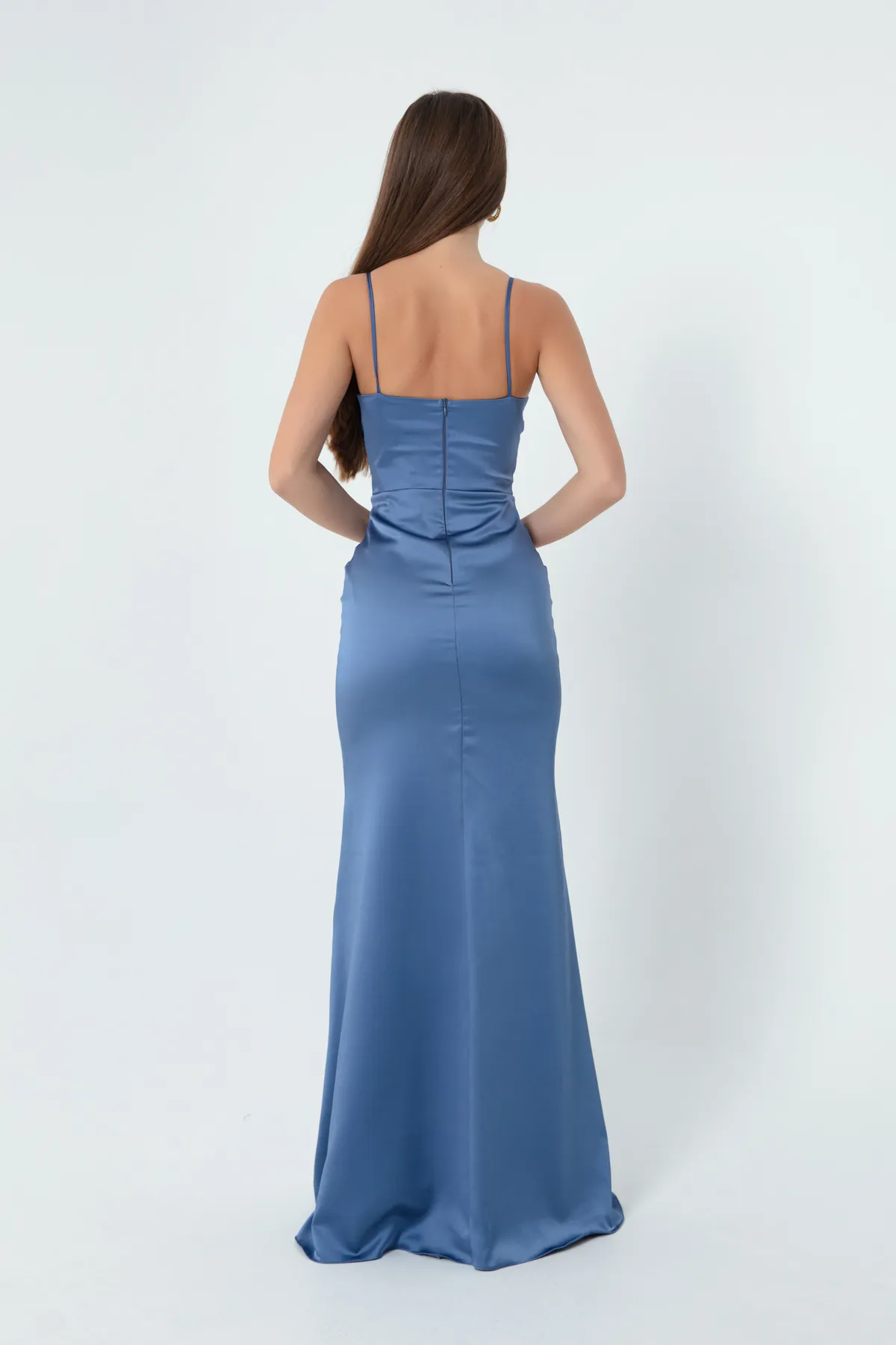 Lafaba  Damen-Abendkleid und Abschlusskleid aus Satin mit Riemen und Schlitz in Indigo