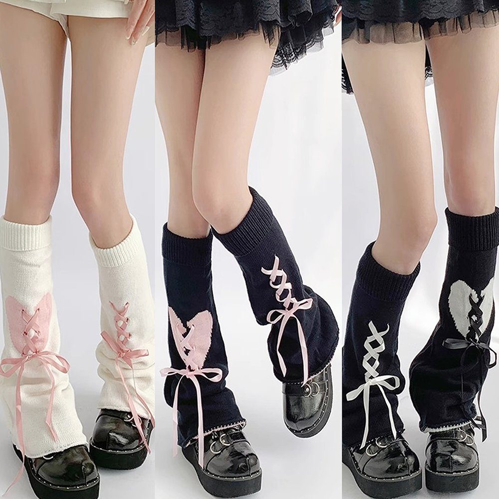 Beinstulpen Paar Damen Lose gestrickte Beinwstulpen (Kawaii-Stiefelsocken, Lolita Y2k Kniehohe Strümpfe) Winter Warme Stulpen Herzstulpen-Beinstulpen