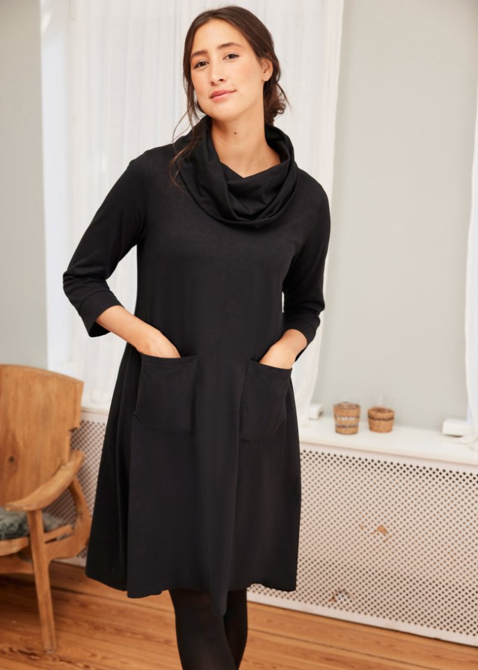 Knieumspielendes Baumwollkleid mit Taschen, 7/8- Arm