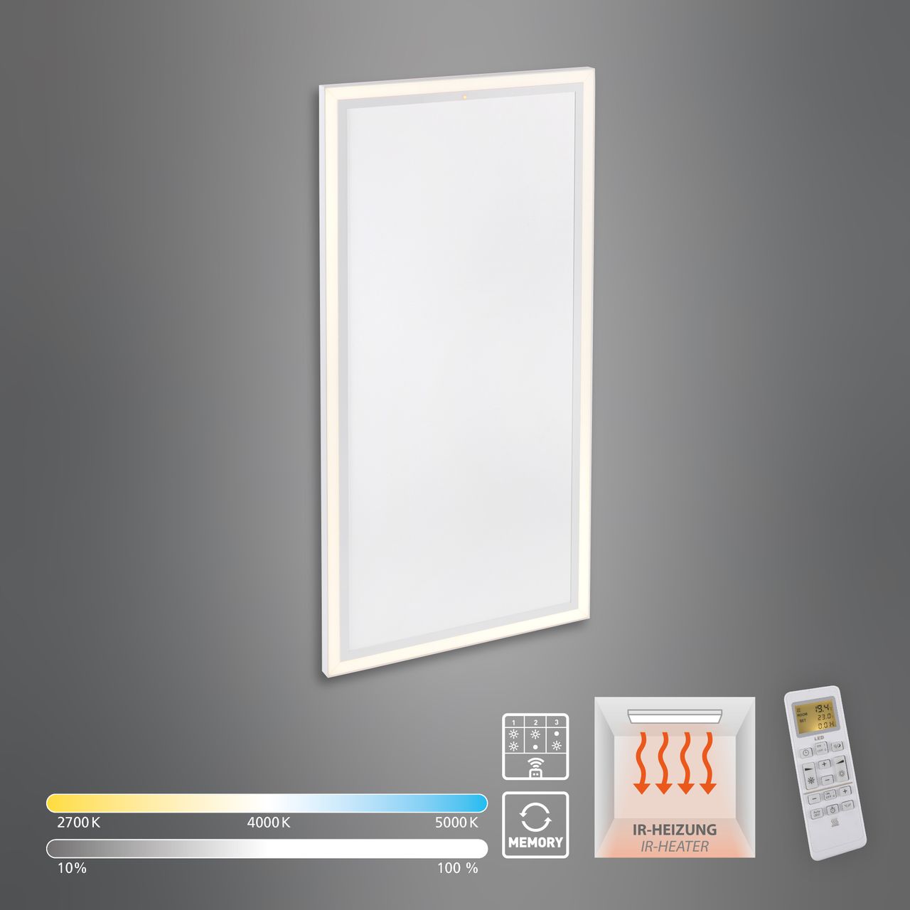 JUST LIGHT JUST LIGHT.  LED Deckenpanel mit IR-Heizung 800W, 1xLED-Board/54W/2700-5000K, FB, dimmbar, Weiss