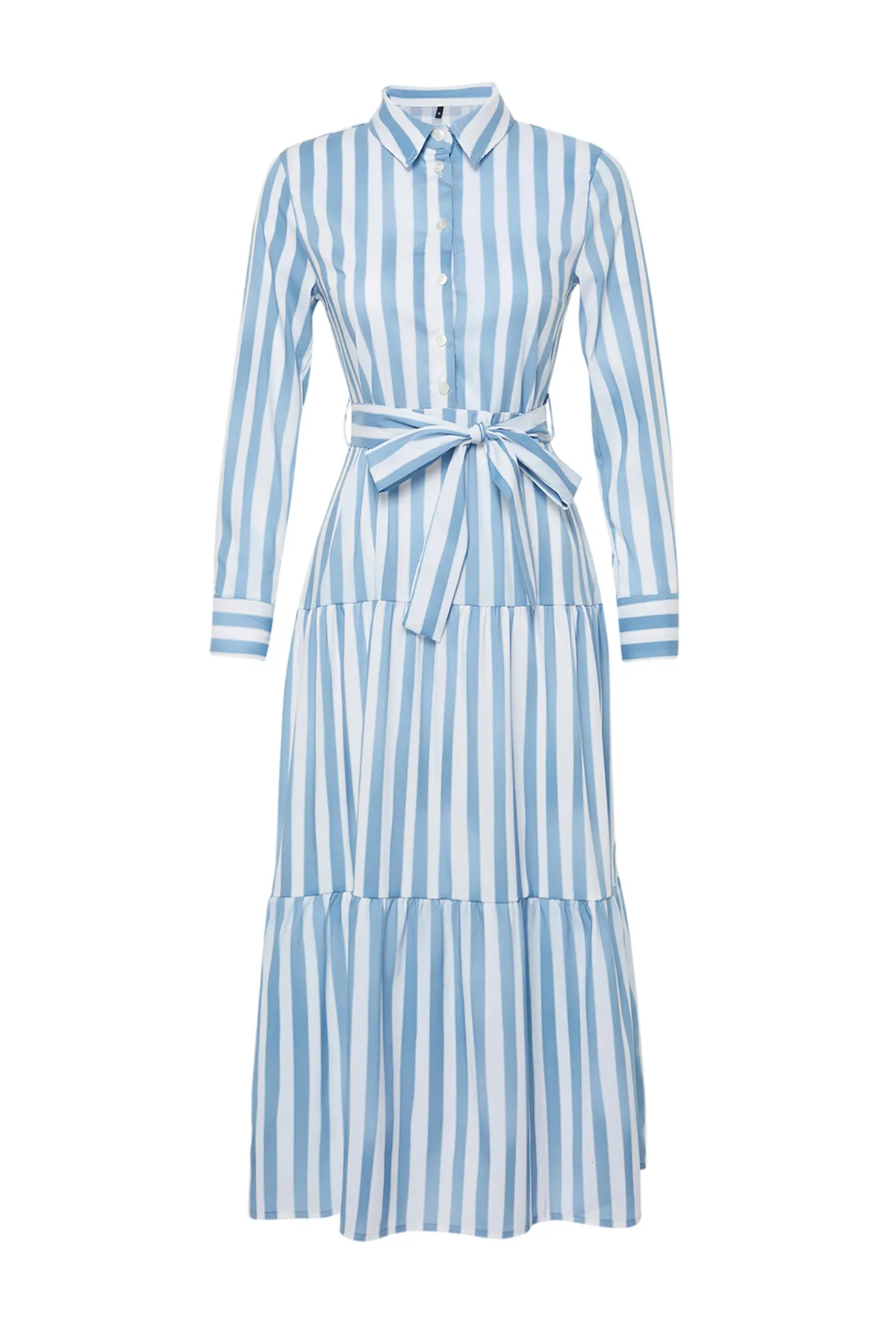 Trendyol Modest  Blaues, gewebtes Kleid mit Hemdkragen und gestreiftem Gürtel TCTSS24EB00150