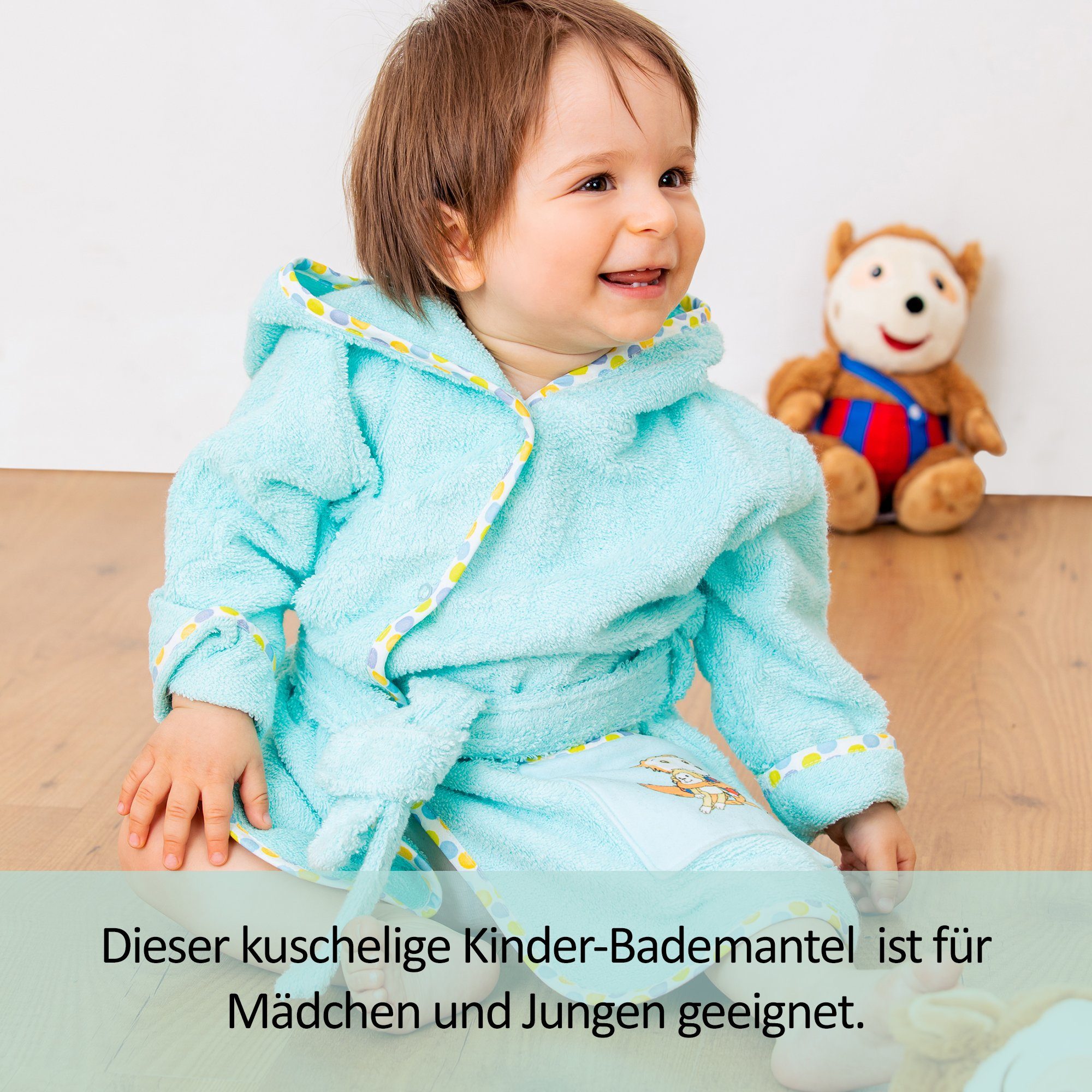 Smithy Kinderbademantel mit Bobo Siebenschläfer, Velours-Frottee, Kapuze, Gürtel, Knöpfe, made in Europe