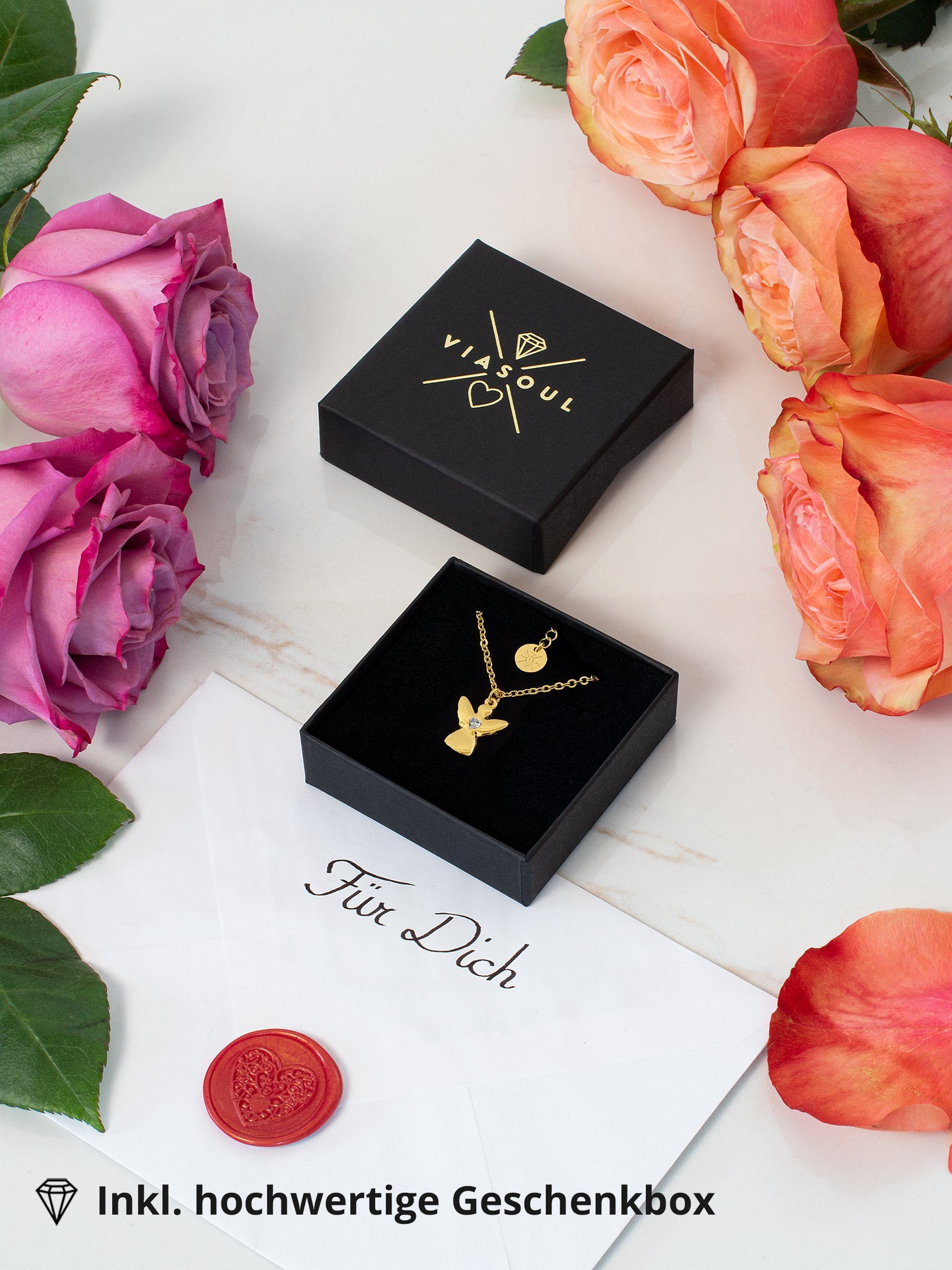 VIASOUL Kette mit Anhänger Engel Halskette mit Herz, Schutzengel Kette für Mädchen Kinder-Schmuck, stahlender Glanz