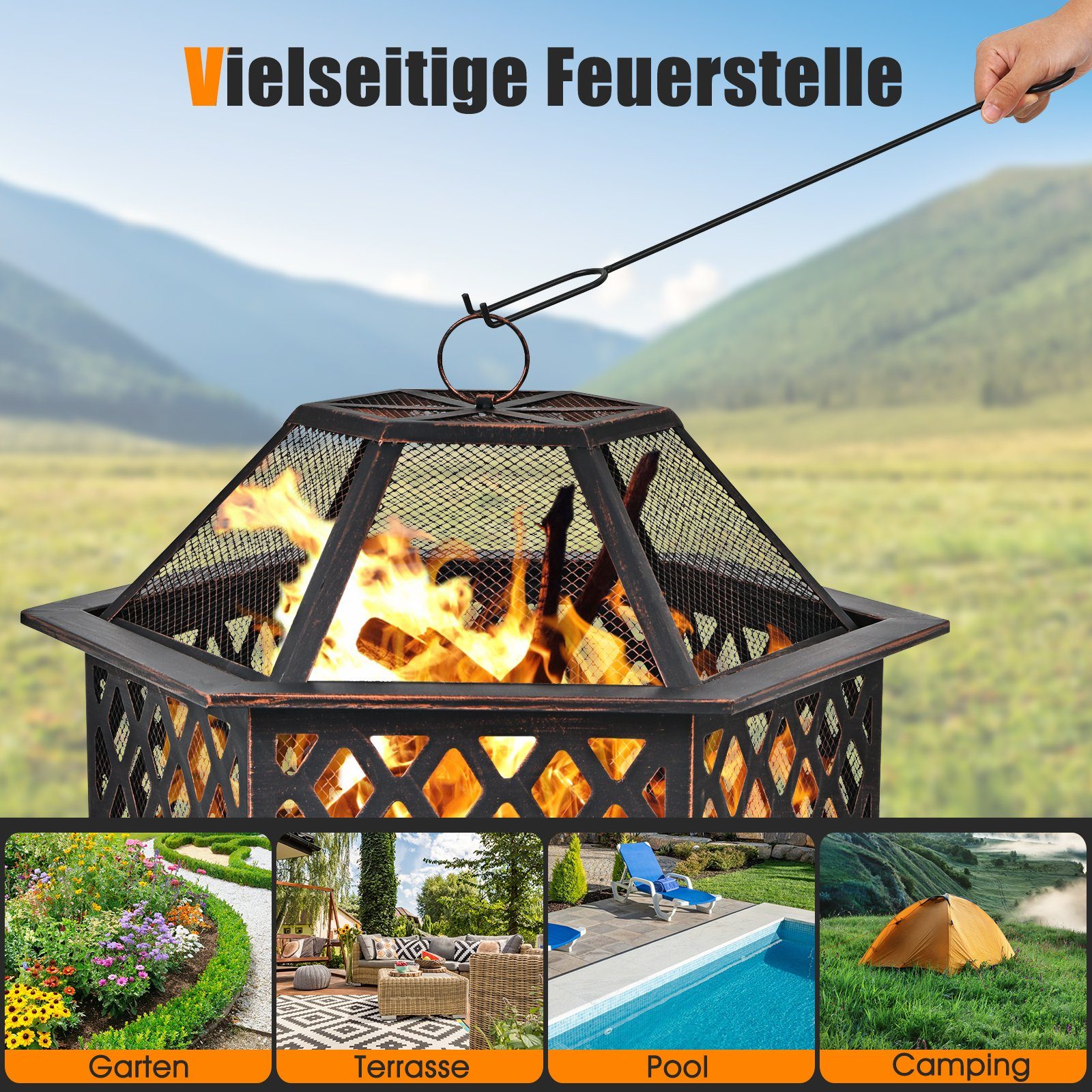COSTWAY Feuerschale Feuerkorb, mit Funkenschutz, mit Schürhaken