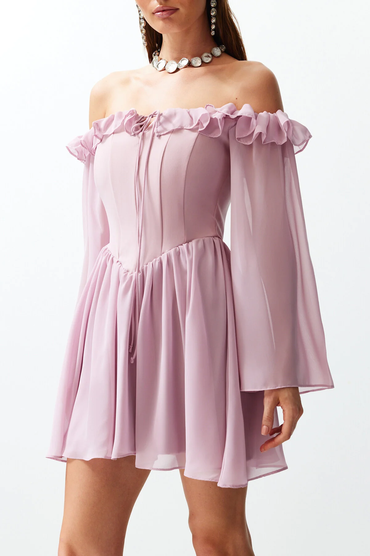 Trendyol Collection  Dusty Rose Taillenöffnung/Skater-gefüttertes Volant-Chiffon-Elegantes Abendkleid TPRSS23EL00096