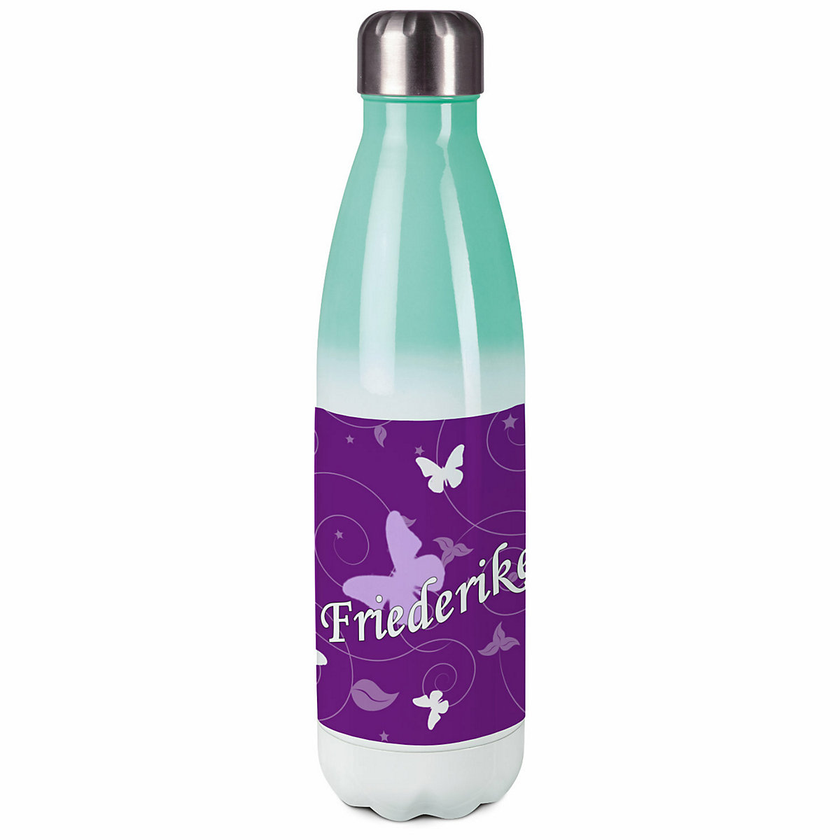 Edelstahl Kinder Thermoflasche / Trinkflasche bunt Schmetterling Ornamente Farbe lila Spülmaschinenfest, Auslaufsicher, Bruchfest, Doppelwandig, Für Heißgetränke geeignet, Mit Deckel, Isoliert