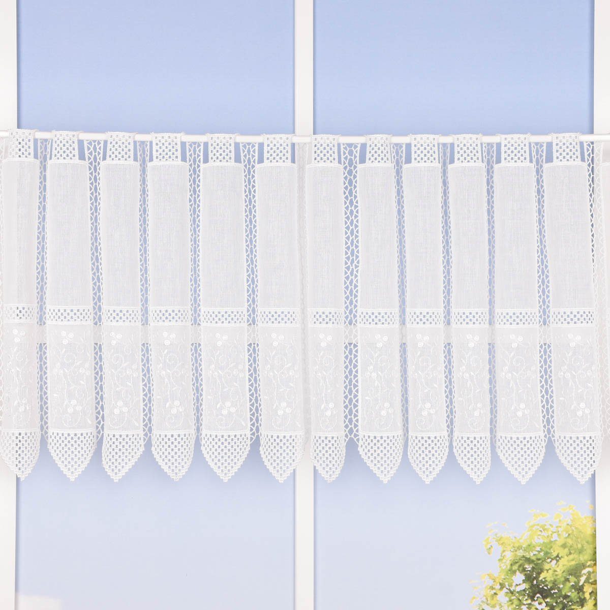 Meterware Scheibengardine bestickt Meterware Leinenstruktur Voile Blumenranke n, SCHÖNER LEBEN., leicht perforiert, Polyester, pflegeleicht