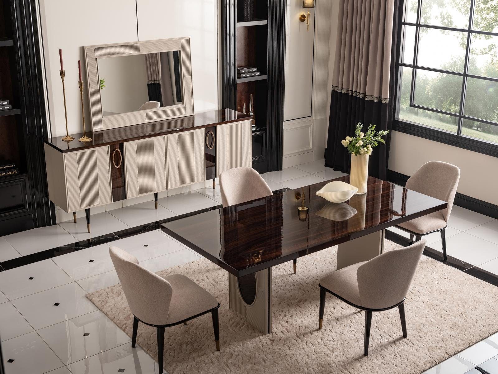 JVmoebel Esszimmer-Set Luxus Esszimmer Essgruppe Essecke Esstisch Stühle Beige Set 9tlg Holz, (9-St., 1x Esstisch+6x Stühle+1x Sideboard+1x Spiegel), Made in Europa