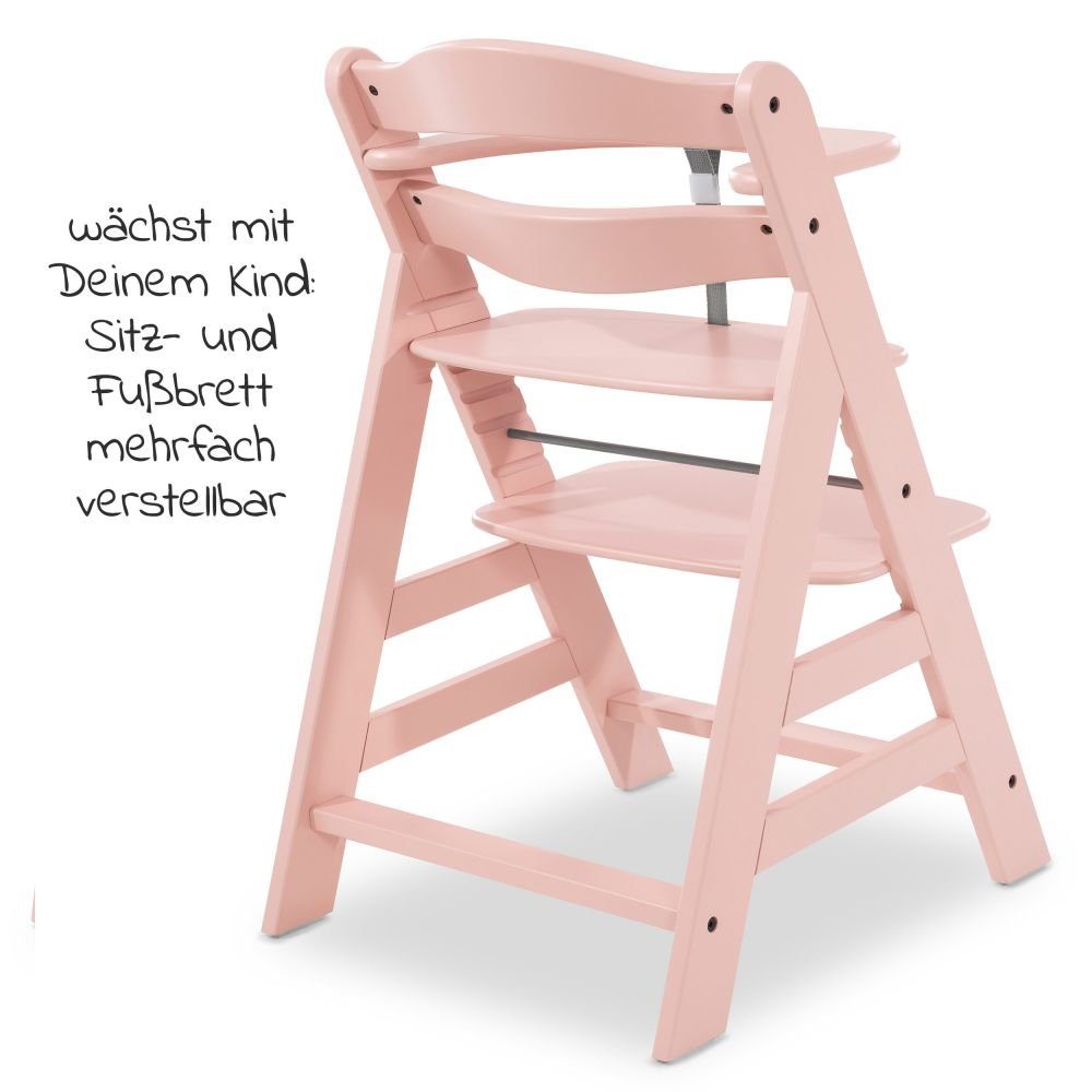 Hauck Hochstuhl Alpha Plus - Rose, Mitwachsender Holz Kinderhochstuhl verstellbar mit Schutzbügel & Gurt