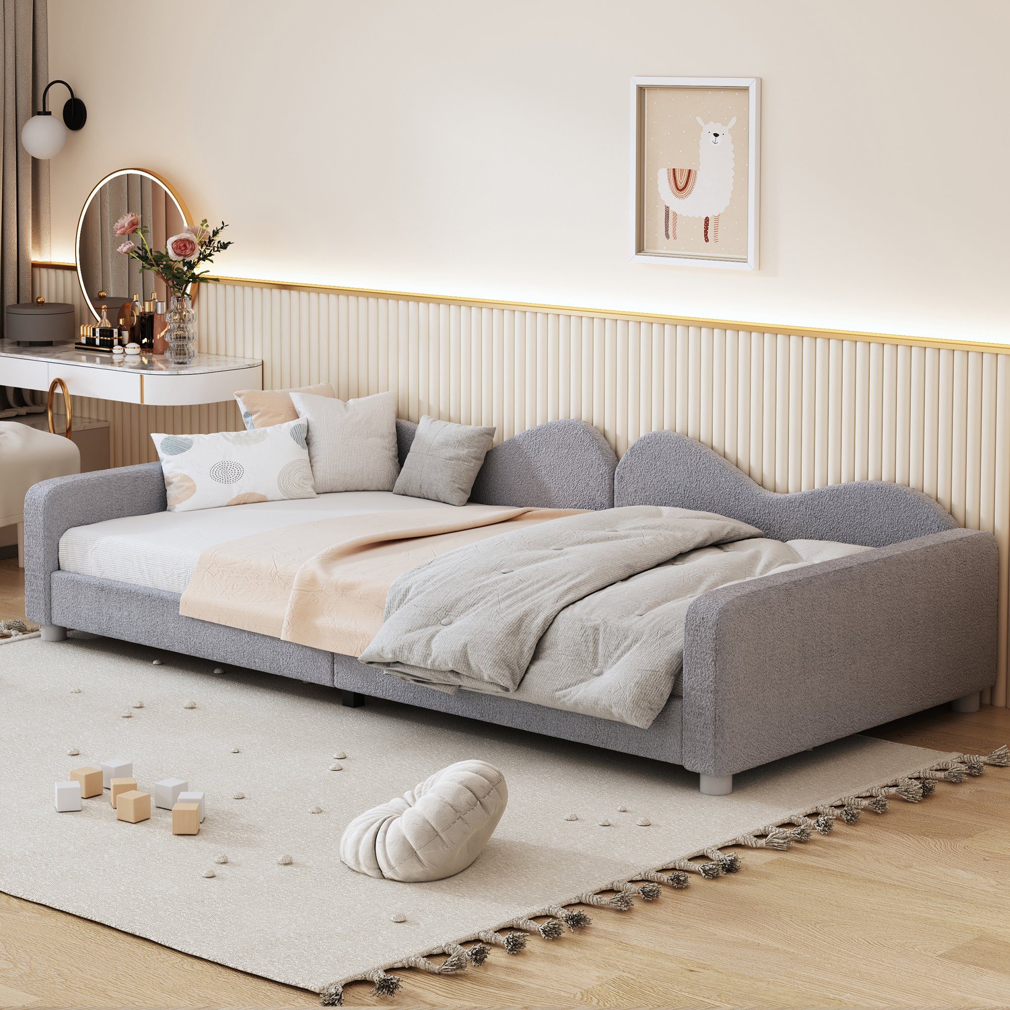 WISHDOR Kinderbett Polsterbett, Schlafsofa Gästebett, mit Rückenlehne und Armlehnen (Bettgestell Teddystoff Multifunktionales weiches Bett 90x200 cm), ohne Matratze