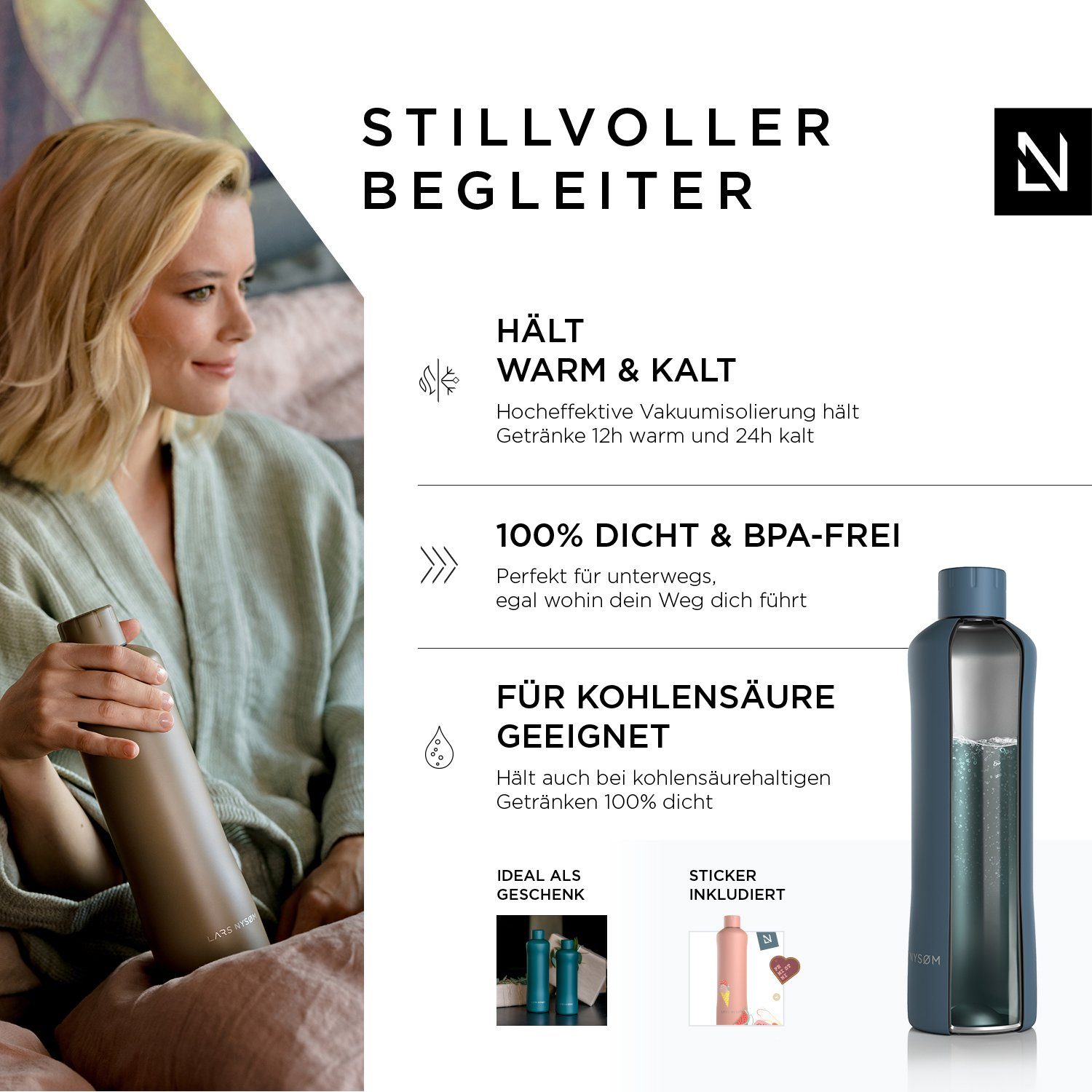 LARS NYSØM Isolierflasche Bølge, BPA-Freie Thermosflasche Kohlensäure geeignet