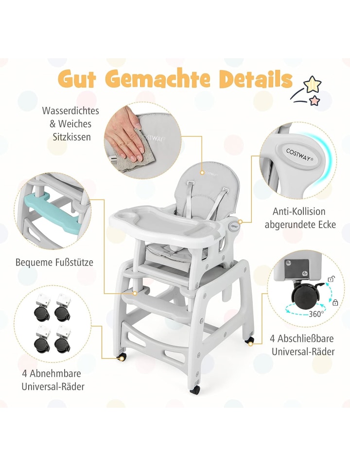 COSTWAY 3 in 1 Hochstuhl in Grau günstig kaufen 51 cm
