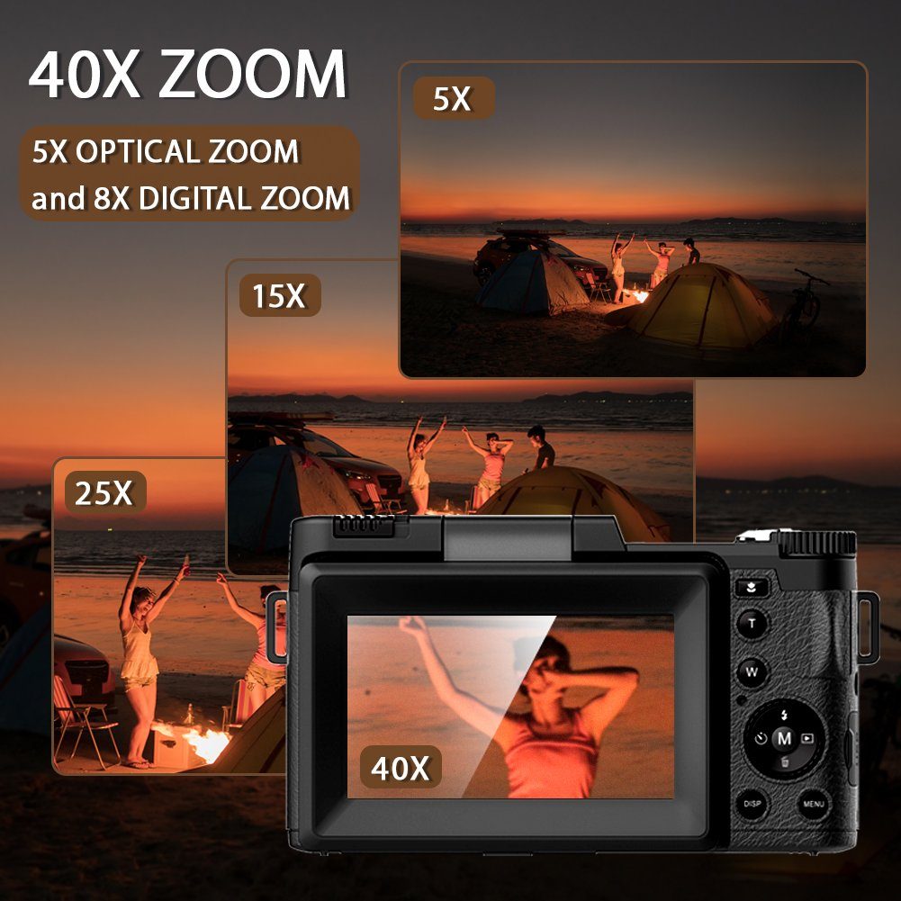 A Ade 4K Digitalkamera, 48MP Kameras Fotokamera mit 3,0 Zoll Bildschirm Kompaktkamera (Wide D120 H88 V63, 48 MP, 5x opt. Zoom, inkl. 32GB TF-Karte, 8x Digitalzoom)