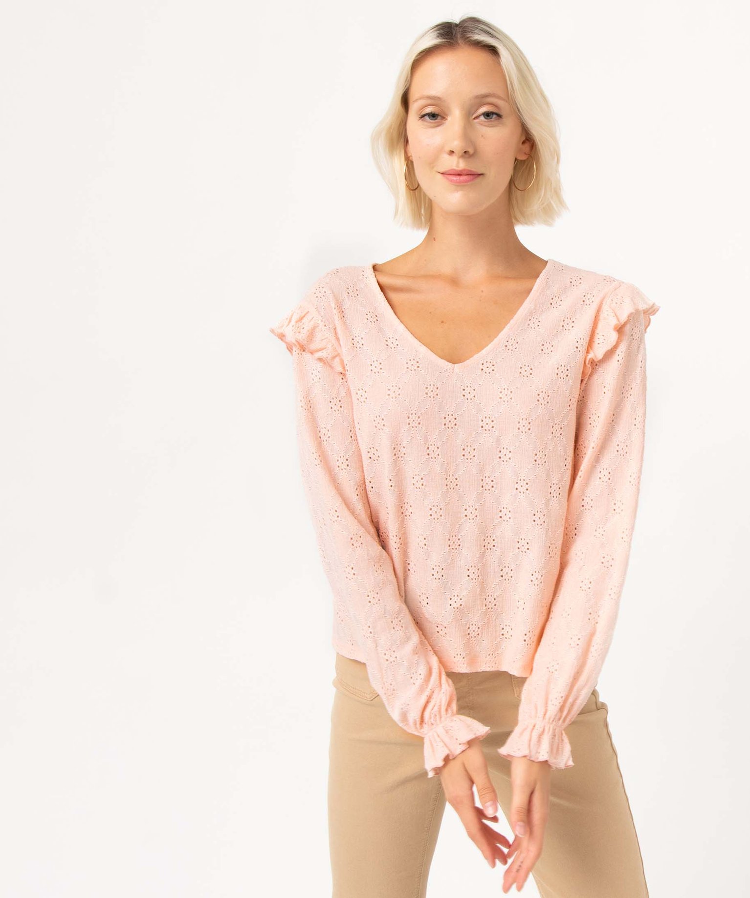 Tee-shirt femme à manches longues en maille ajourée rose | GEMO