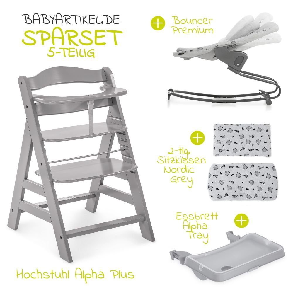 Hauck Hochstuhl Alpha Plus Grau XL Newborn Set (Set, 5 St), Babystuhl ab Geburt, Aufsatz für Neugeborene, Essbrett, Sitzauflage