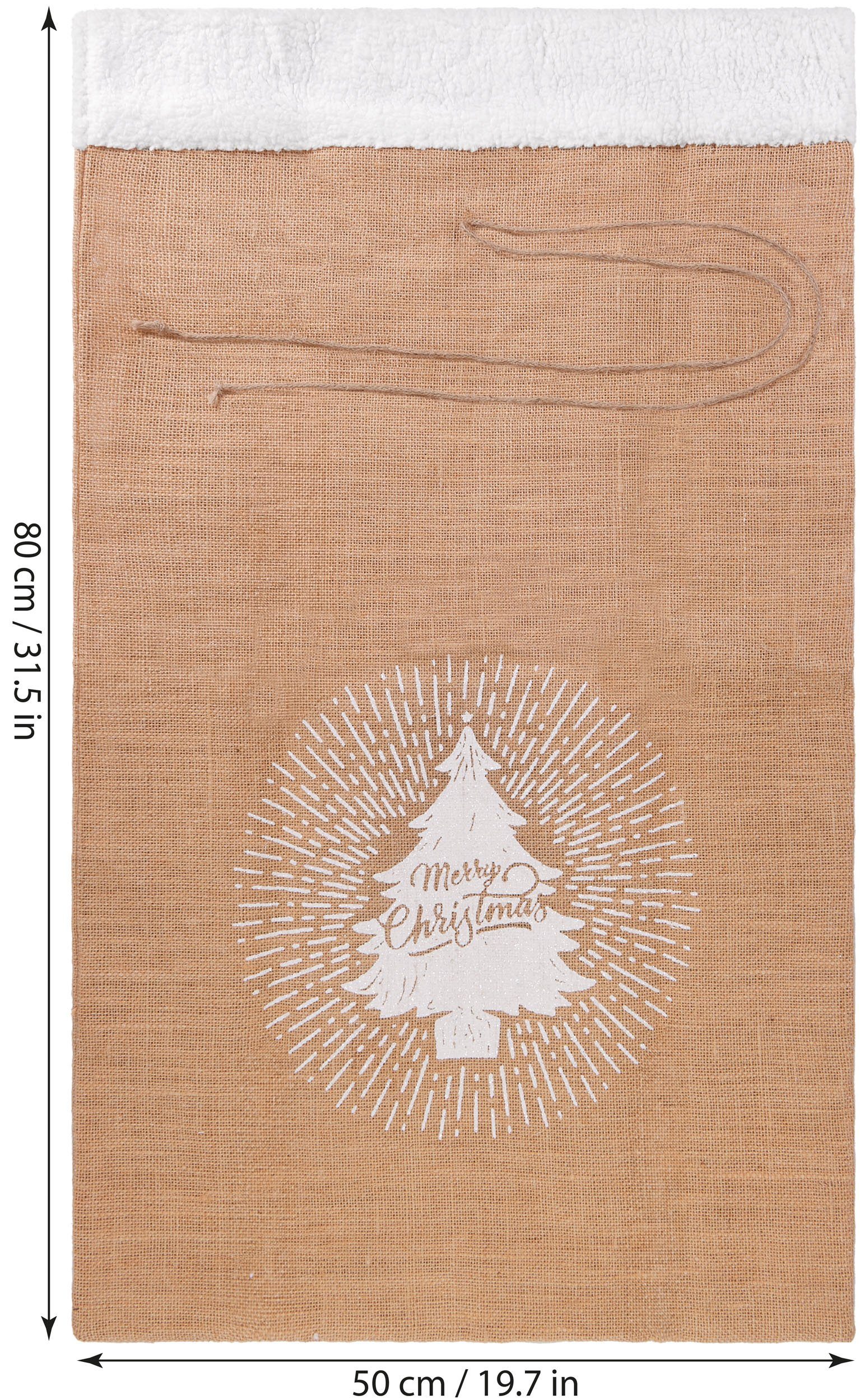 BRUBAKER Aufbewahrungstasche Weihnachtssack Tannenbaum Merry Christmas - 80 cm Geschenksack (1-tlg., Jutesack Weihnachtsbaum Braun Weiß), Nikolaussack Jutebeutel Sack mit Kordel zum Verpacken von Geschenken