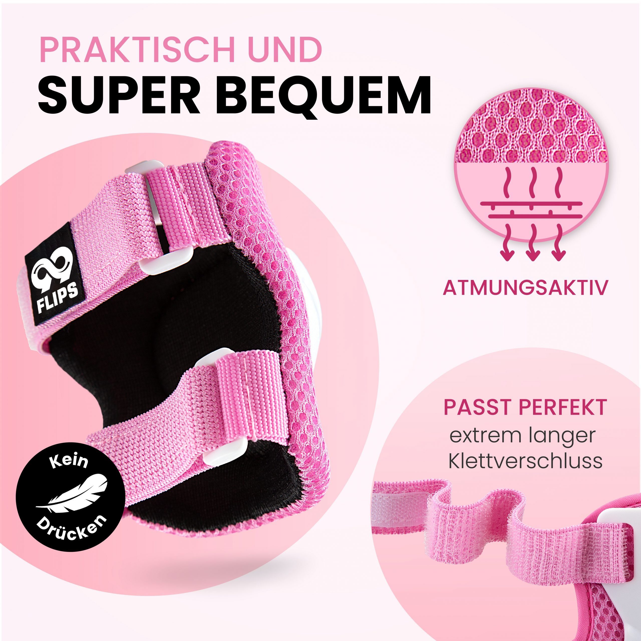 99FLIPS Protektoren-Set Schoner Inliner skates Kinder Set Skateboard Protektoren Schützer (Knieschoner Kinder Schutzausrüstung für Rollschuhe & Skateboard, 6-tlg., Knieschützer, Ellenbogen Schützer & Handschützer inkl. Tasche), Schlittschuhe Schoner