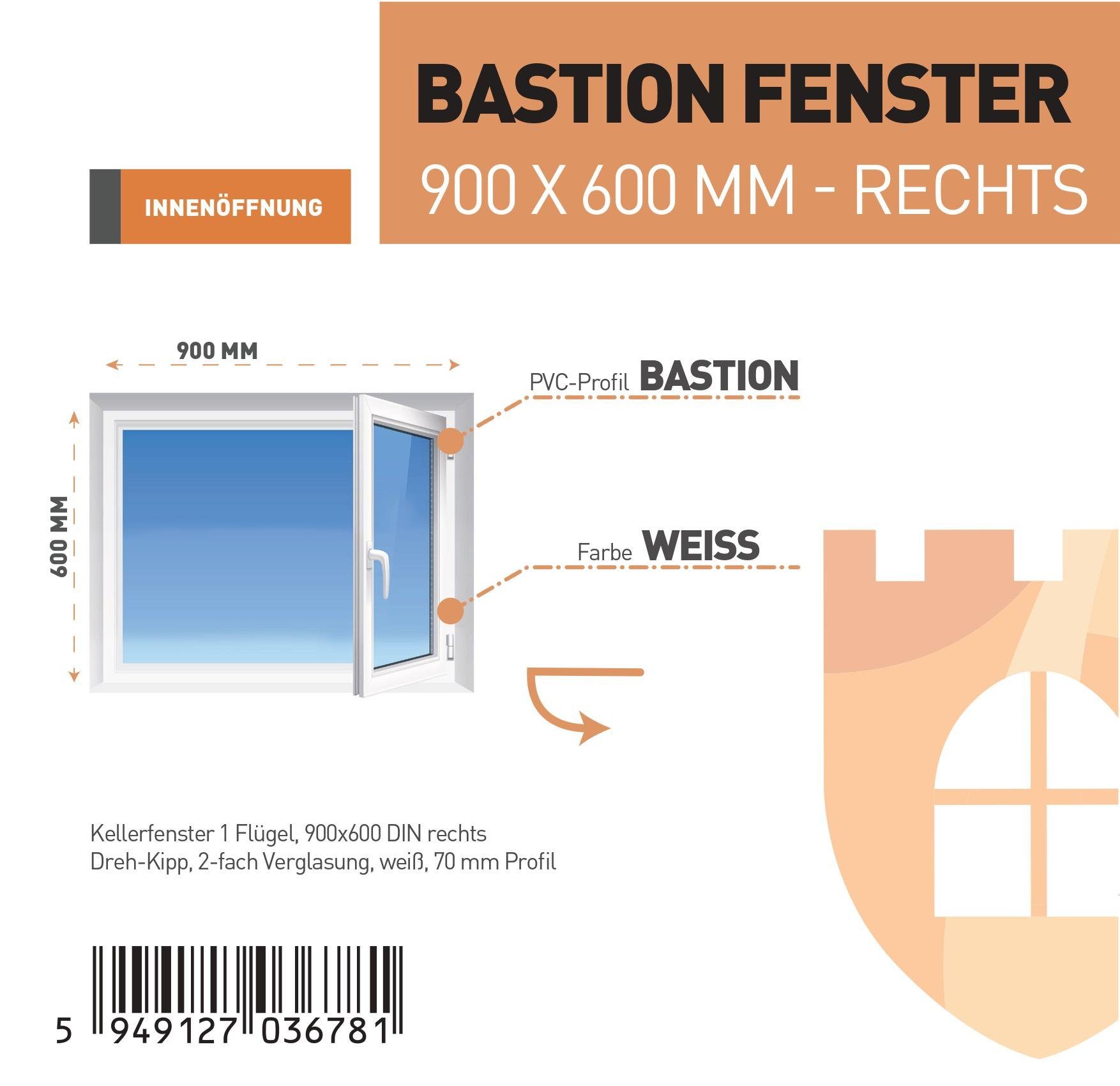 SN DECO GROUP Kellerfenster 1 Flügel 900x600 Dreh-Kipp 2-fach Verglasung weiß 70 mm Profil, (Set), RC2 Sicherheitsbeschlag, Hochwertiges 5-Kammer-Profil