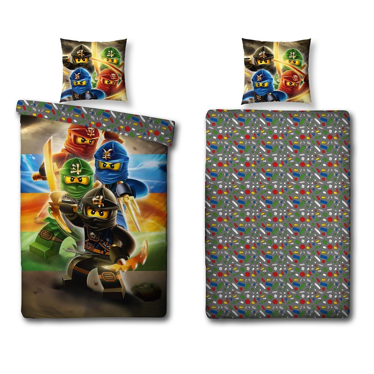 Kinderbettwäsche Lego Ninjago 135x200 + 80x80cm mit Reißverschluss aus 100% Baumwolle, Familando, Renforcé, 2 teilig, Motiv 