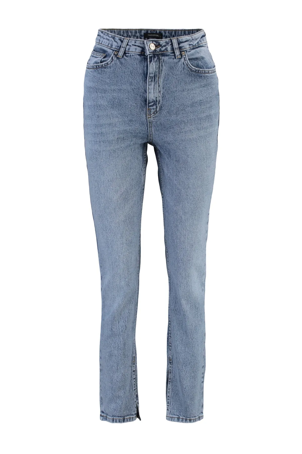 Trendyol Collection  Blaue Jeans mit Schlitz und hoher Taille, gerader Schnitt, TWOSS22JE0430