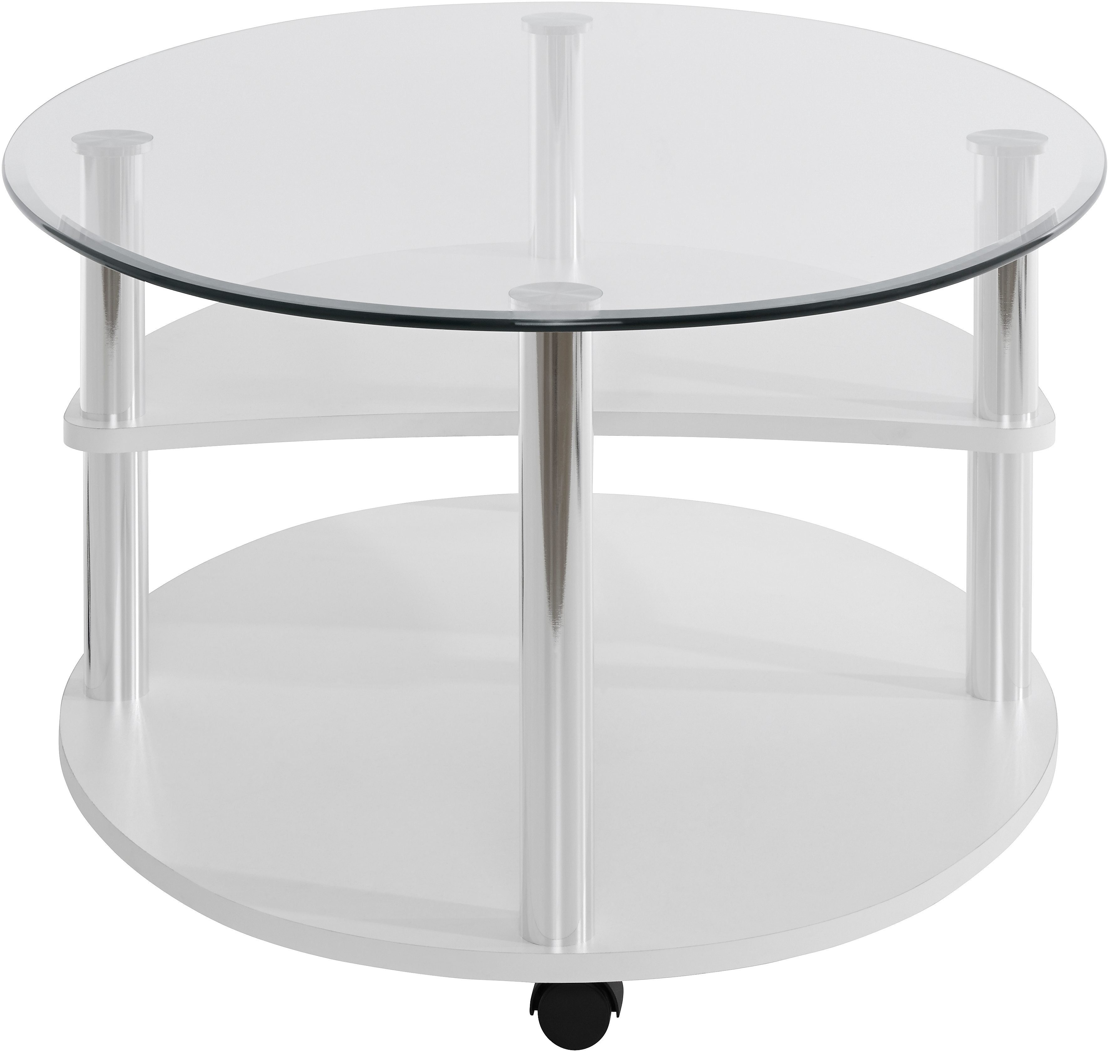PRO Line Couchtisch, mit Glasplatte, Gestell aus Holz und Metall, Ablageboden, mit Rollen