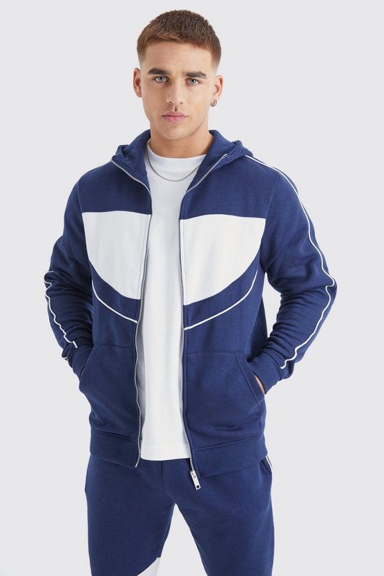 Slim-Fit Colorblock Trainingsanzug mit Trichterkragen und Kapuze