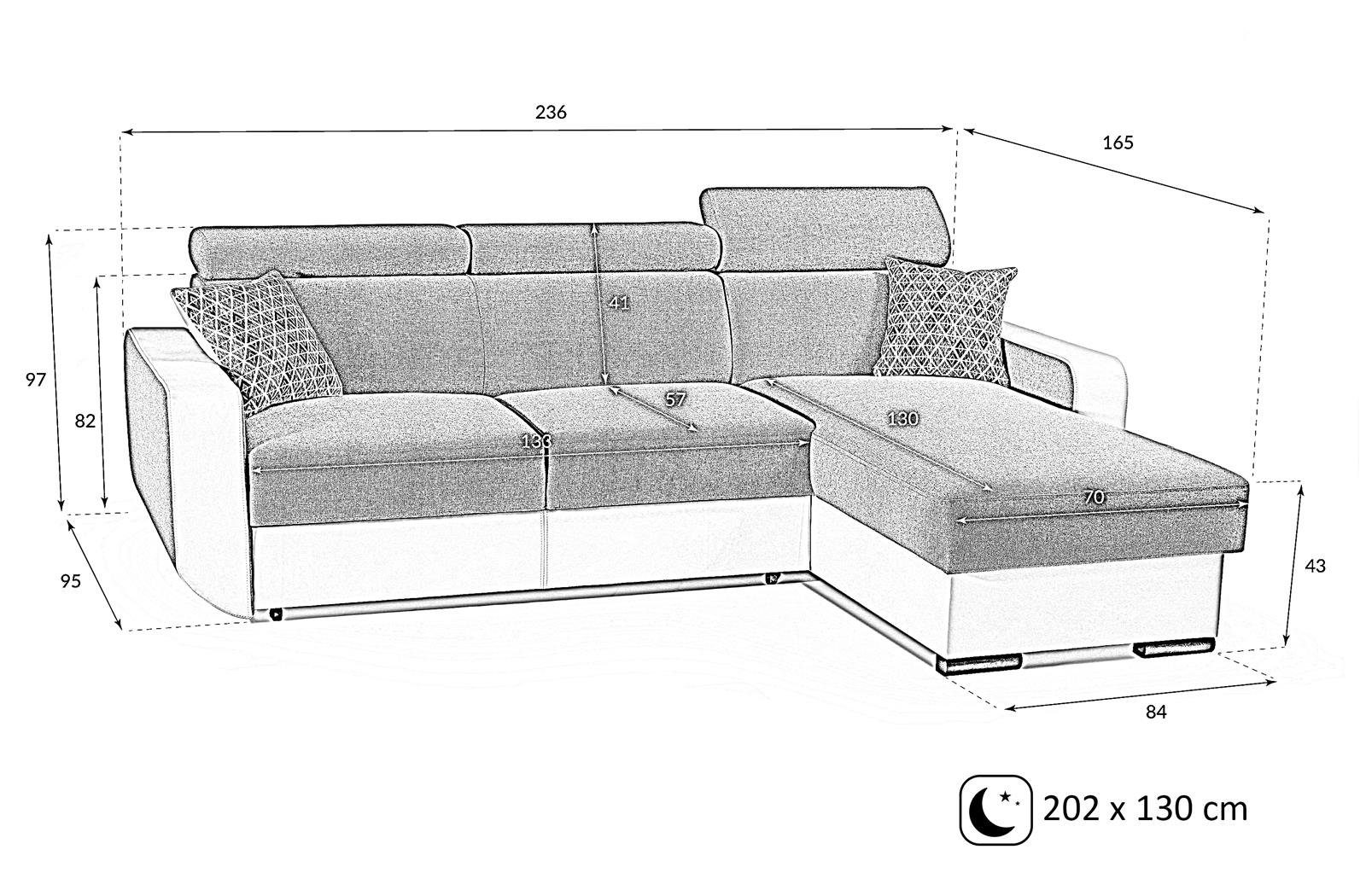 Beautysofa Ecksofa IMPAL, Polsterecke aus Struktur-Gewebe und Kunstleder, Bettkasten, universelle Ottomane, verstellbaren Kopfstützen, Schlaffunktion mit Liegefläche 202 x 130 cm