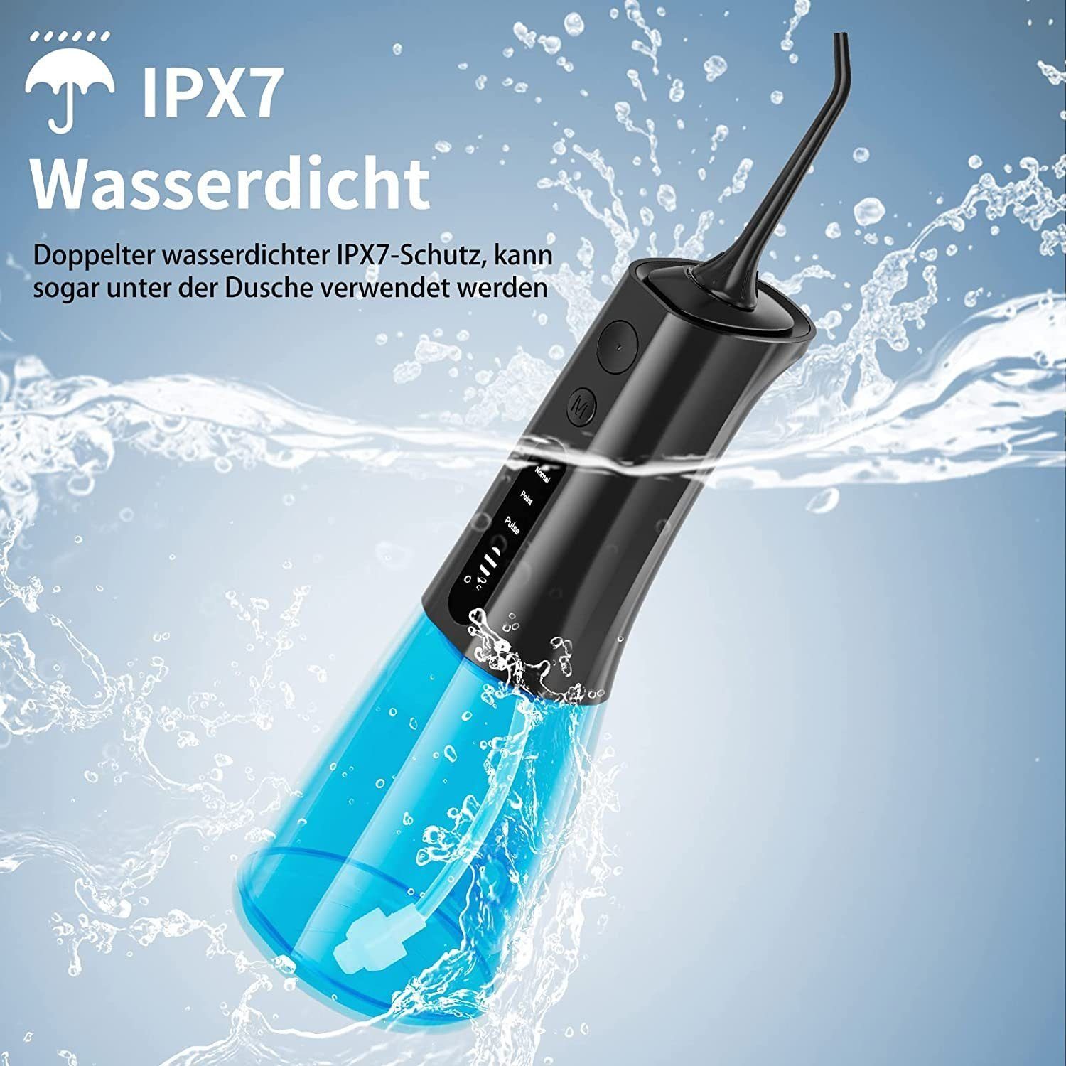 Yaviel Munddusche Elektrisch Flosser Waterfloss Mundpflegecenter Oral Zähne Irrigator, Kabellos 300ml Airfloss 4 Jet Nozzle 4 Intensitätsstufen Zahnspülung