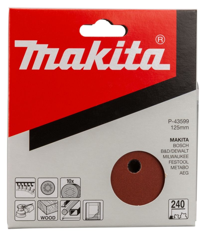 Makita Tillbehör P-43599 Slipskiva 125 mm Kornstorlek 240 RÖD 10 st.