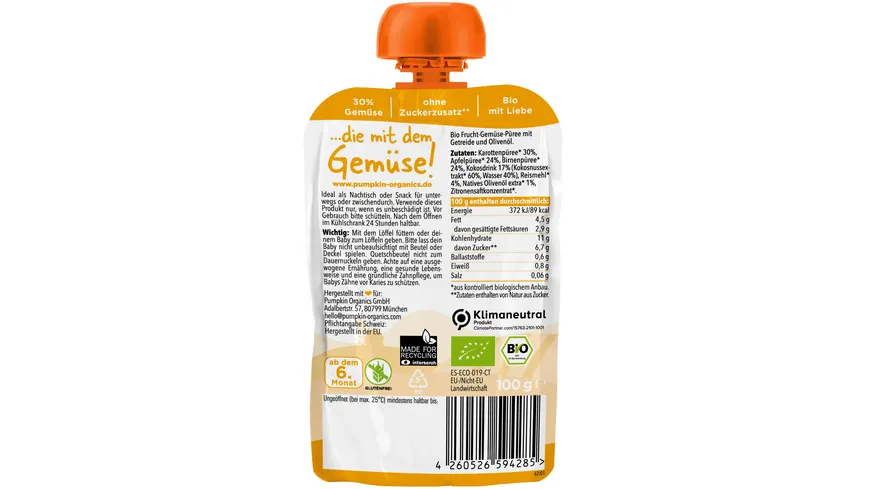 pumpkin organics Bio Quetschie Karotte, Apfel, Birne, Kokos, Reis 100 g