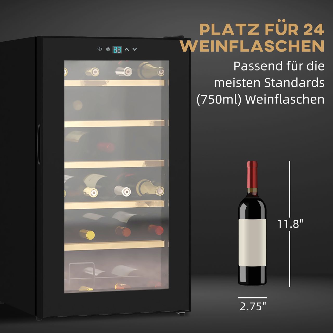HOMCOM Weinkühlschrank 65 L Getränkekühlschrank für 24 Flaschen, 5-20°C, Schwarz