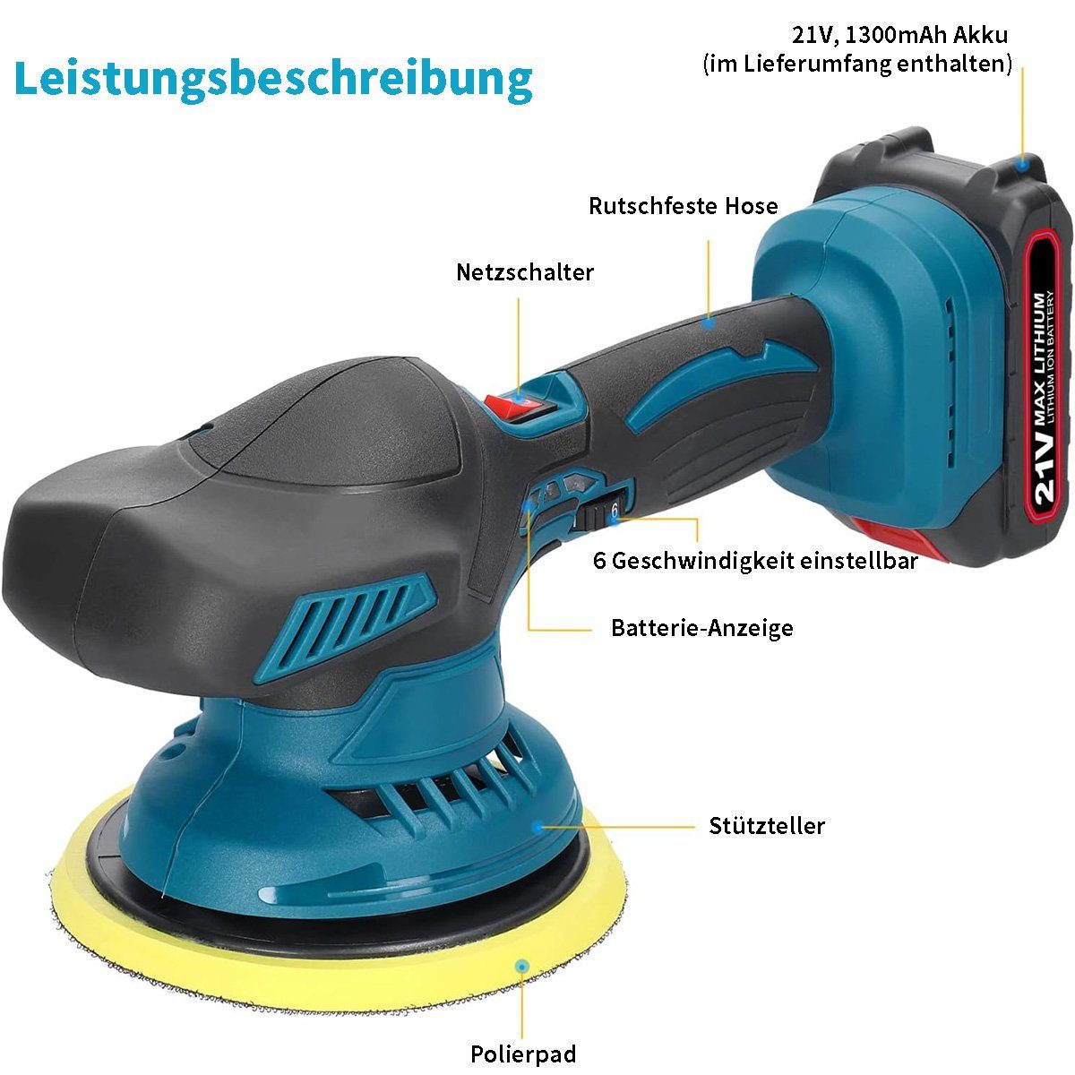 Yoyaxi Poliermaschine Kleine tragbare wiederaufladbare elektrische Lithium-Poliermaschine, (1 tlg), 6 Geschwindigkeiten, 2 Batterien, einstellbares Metallwachs