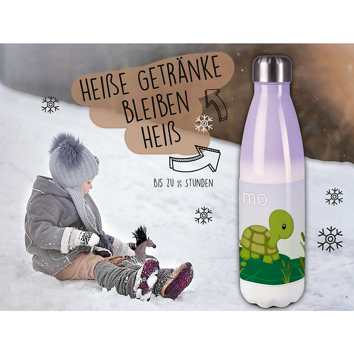 Edelstahl Kinder Thermoflasche / Trinkflasche bunt Schildkröte Spülmaschinenfest, Auslaufsicher, Bruchfest, Doppelwandig, Für Heißgetränke geeignet, Mit Deckel, Isoliert