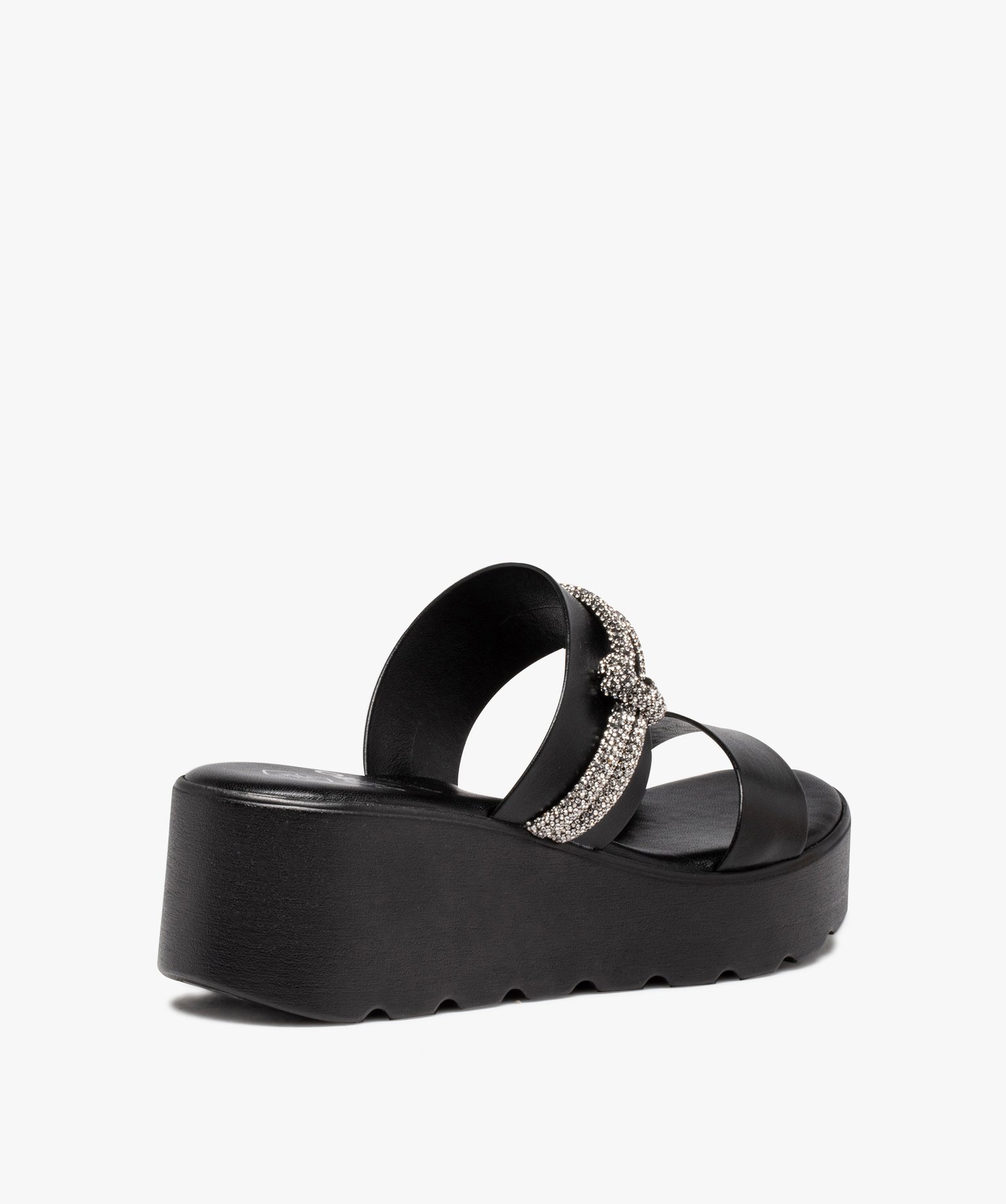 Mules femme compensées dessus uni ornées de strass noir | GEMO