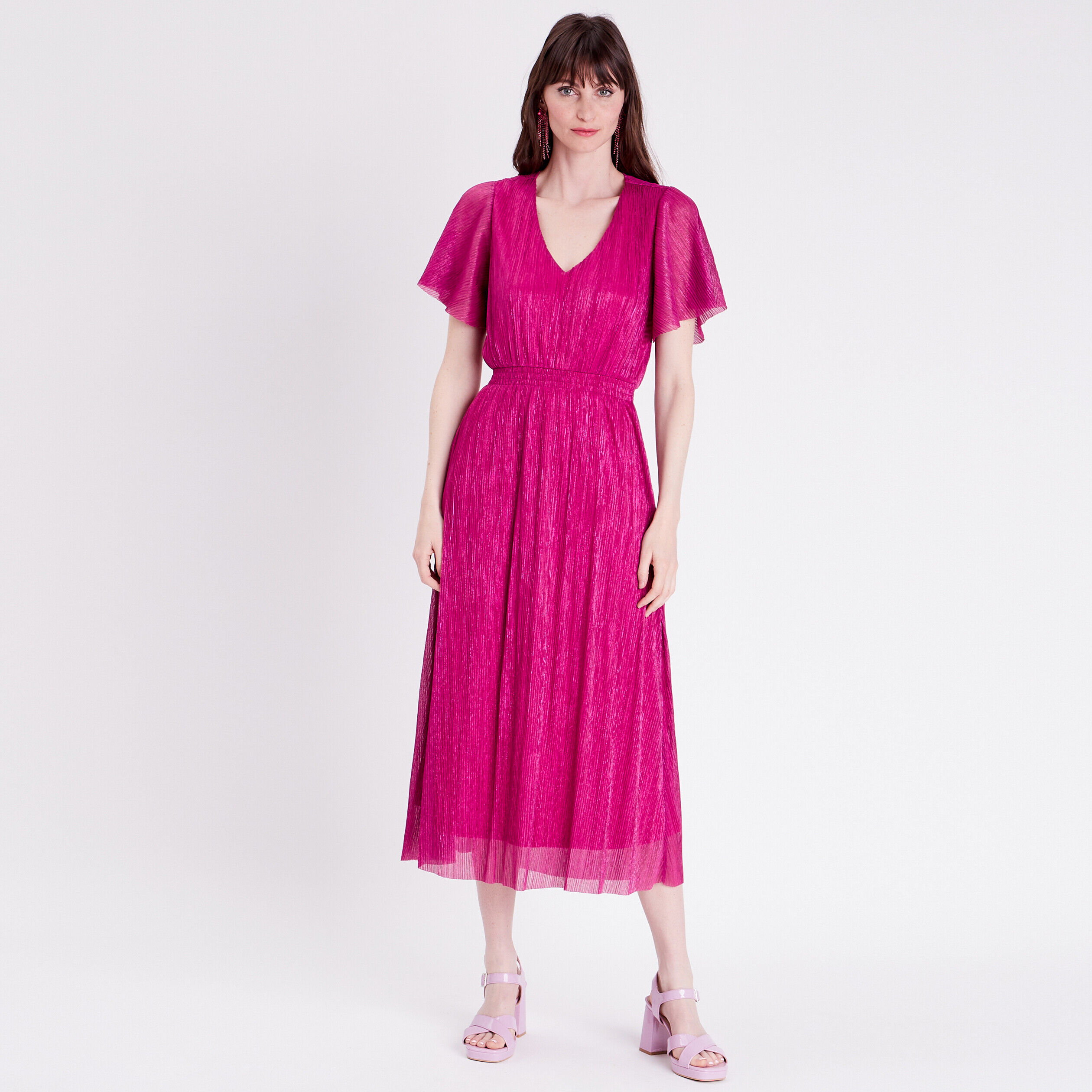 Robe longue évasée plissée rose framboise femme | Cache Cache