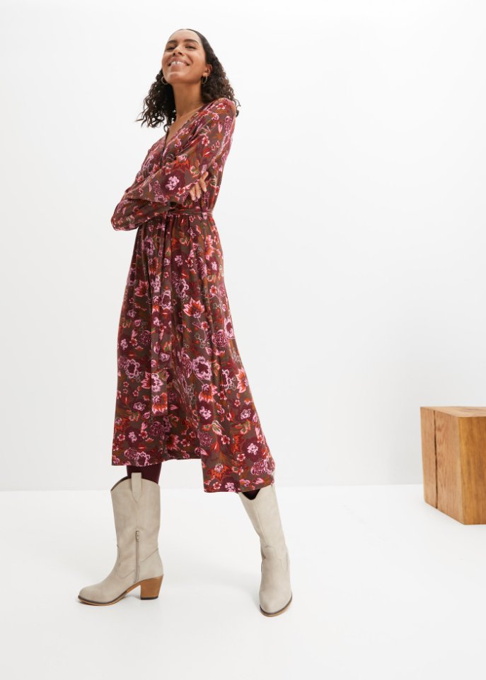 Jerseykleid mit V-Ausschnitt und Bindeband