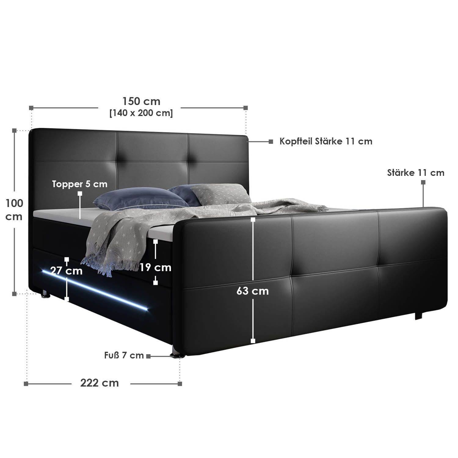 Juskys Boxspringbett Oakland, 140x200 cm, Doppelbett mit Topper, Kopfteil und LED-Beleuchtung
