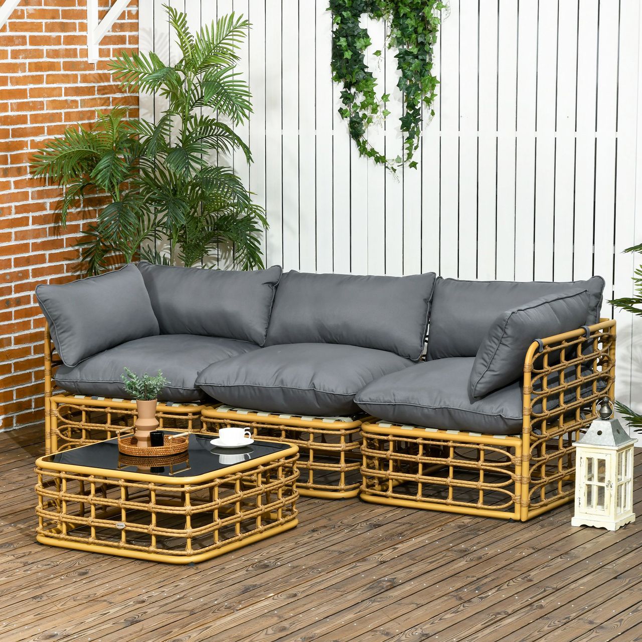 Outsunny 4 tlg. Rattan Gartenmöbel-Set Sitzgruppe mit Kissen für Garten