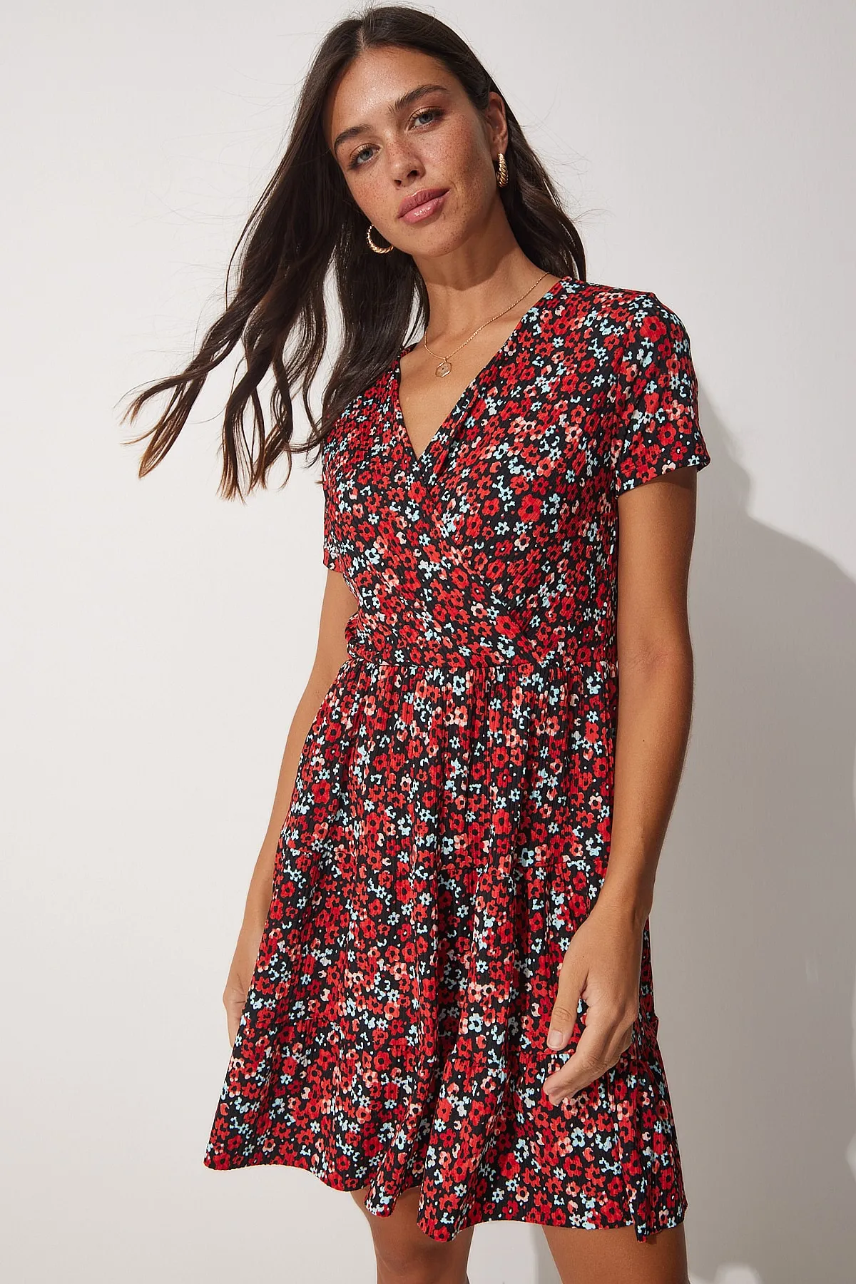 Happiness İstanbul  Rot gemustertes Sommer-Strickkleid mit Wickelkragen für Damen MC00164