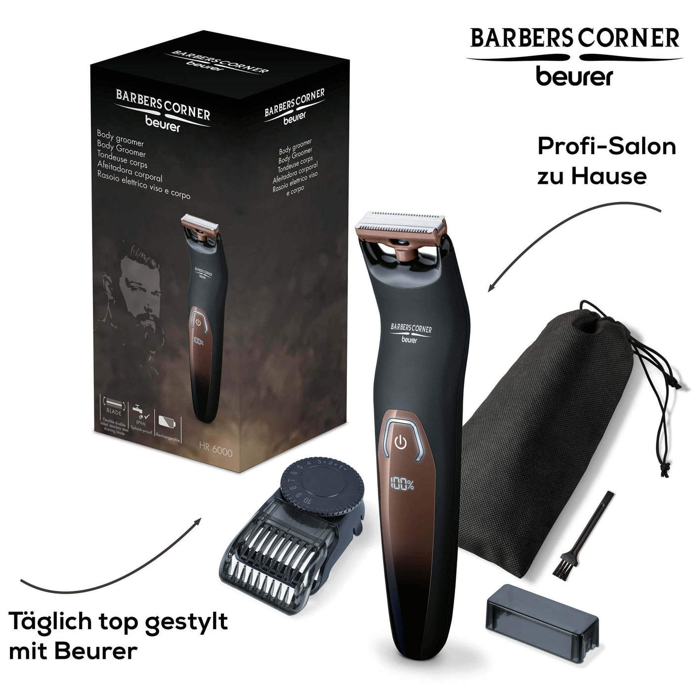Beurer HR 6000 Body Groomer-Gesicht- & Körperrasierer mit Edelstahl-Rasierklinge & 13 Trimmlängen