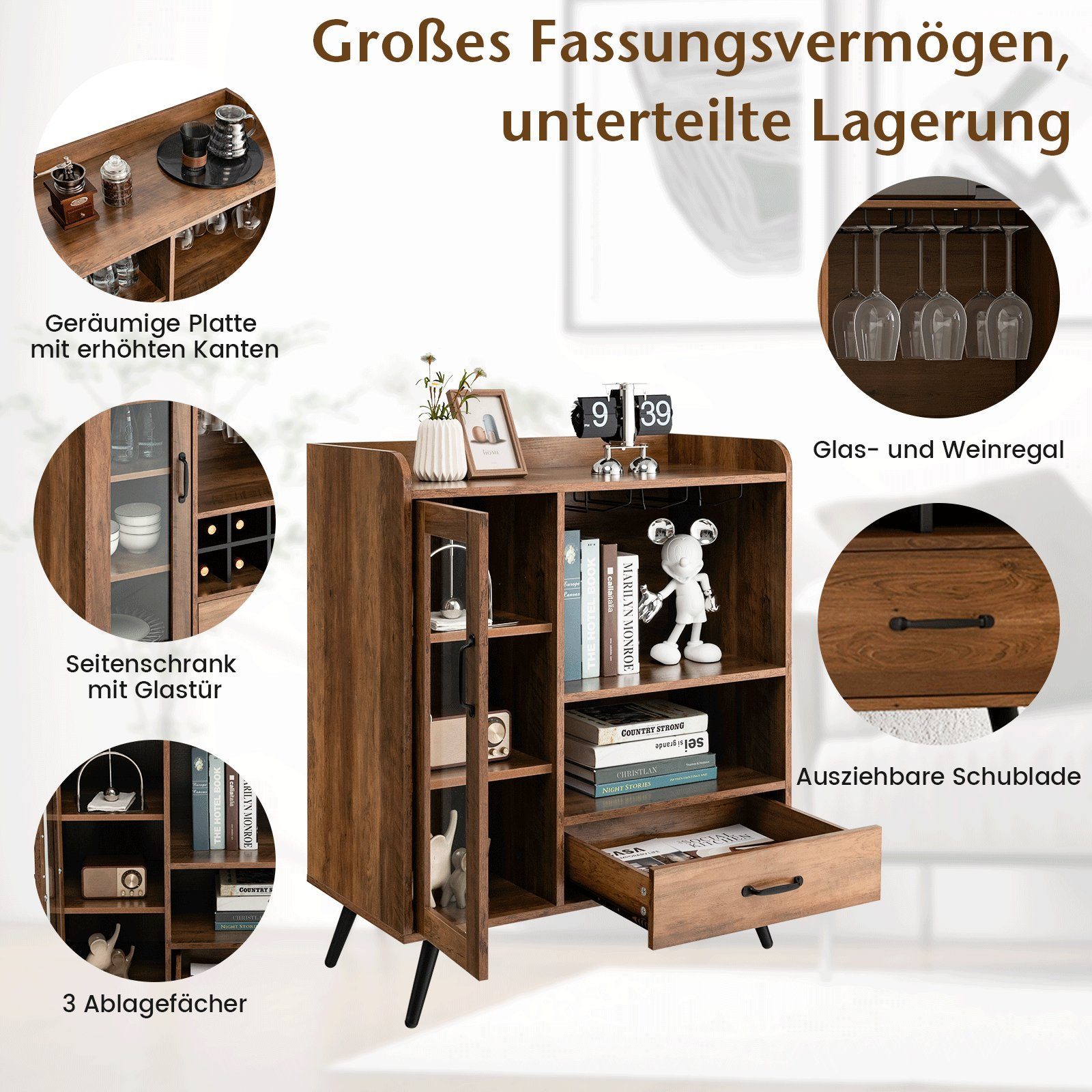 COSTWAY Weinschrank mit Weinregal, Glashaltern, Schublade & Tür, 80x40x95cm