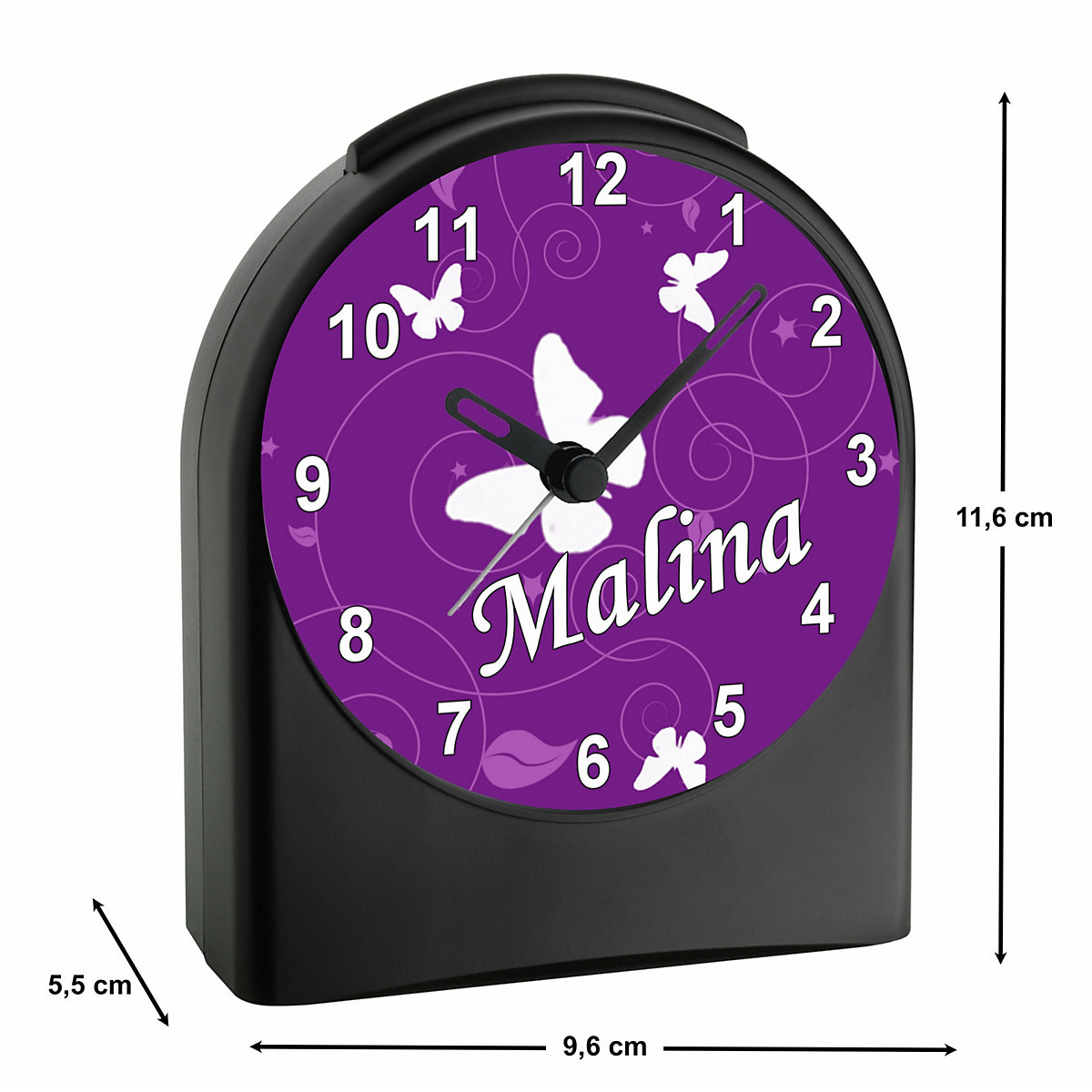 Kinder Funkwecker personalisiert mit Namen Schmetterling Ornamente Atom-/Funkuhr, 12-Stunden-Anzeigeformat, Schlummerfunktion, Nachtlicht, Geräuschlos/Ohne Ticken