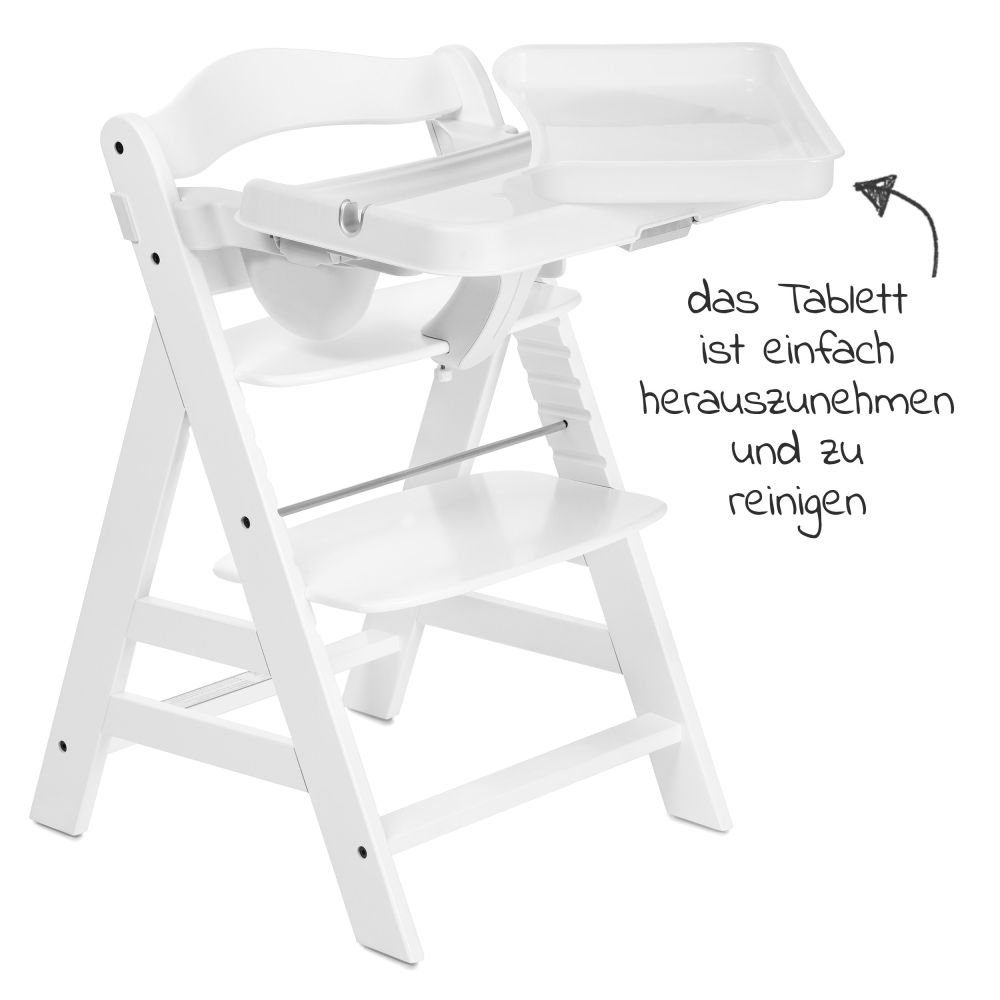Hauck Hochstuhl Alpha Plus Weiß, Holz Kinderhochstuhl mit Essbrett, Sitzkissen verstellbar, mitwachsend