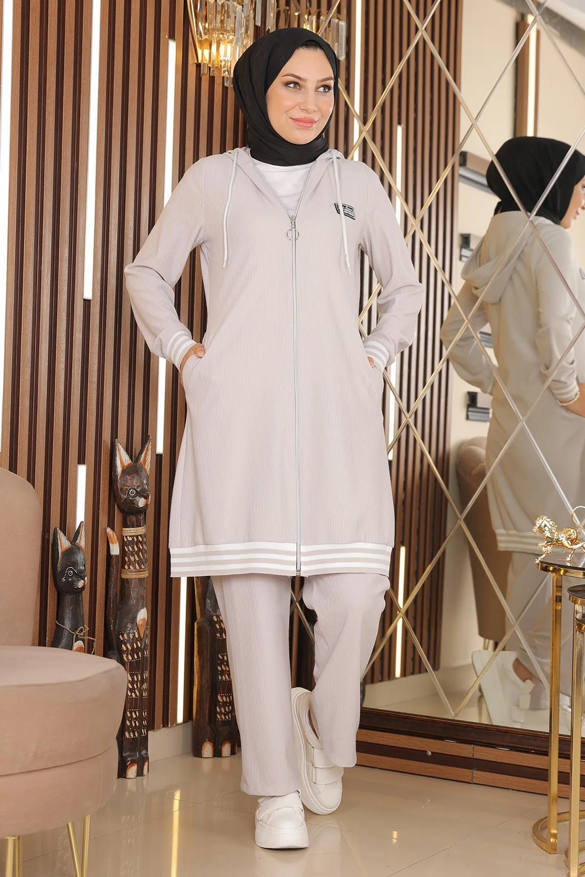 Modamihram  Gerippter Anzug mit Reißverschluss, Beige 10404