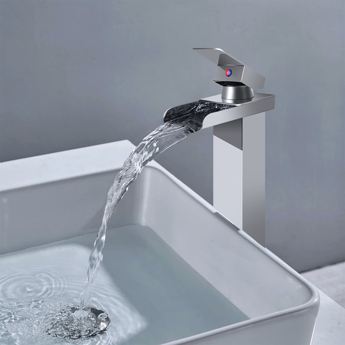 MULISOFT Waschtischarmatur Wasserhahn Bad, Wasserfall Wenig Lärm Einhandmischer 304 Edelstahl Hochwertige Armatur Waschbecken Wassersparend Messing