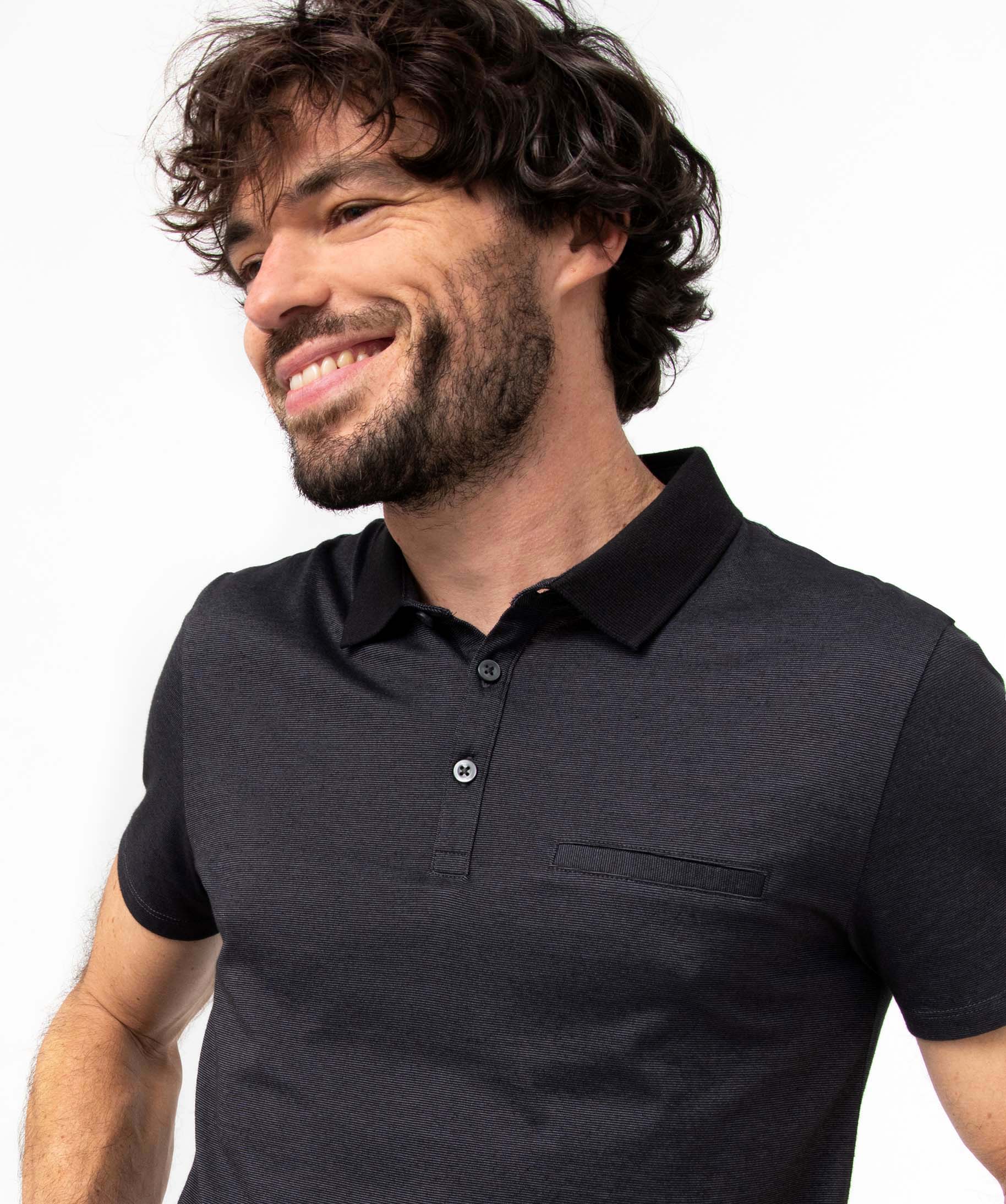 Polo homme à fines rayures et manches courtes noir | GEMO