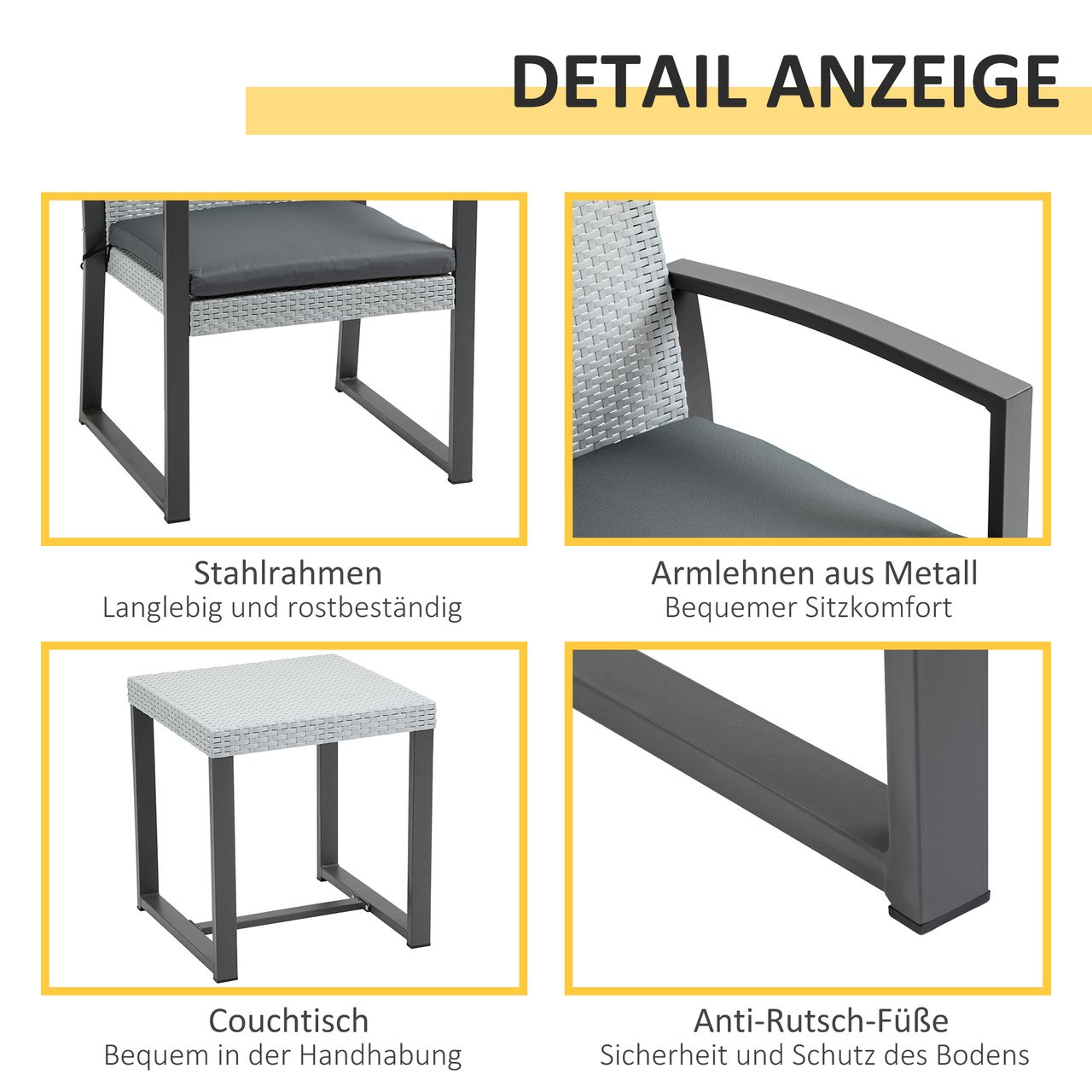 Outsunny Polyrattan Bistroset 3-tlg. Sitzgruppe Balkonmöbel Set Gartensitzgruppe mit Beistelltisch Gartenset Sitzgarnitur mit Sitzkissen Stahl Schwarz Grau
