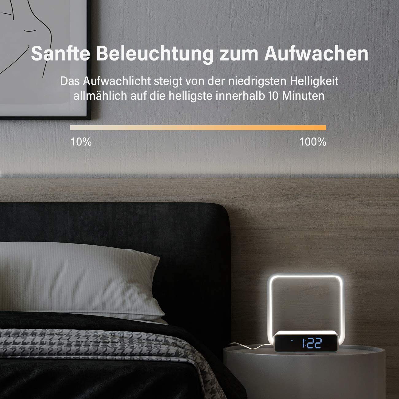 WILIT LED Nachttischlampe Tischleuchte Schlafzimmer Touch Tischlampe mit Ladefunktion Handy, LED fest integriert, Qi Ladefunktion, 3 Helligkeitsstufen, Wecker, Dimmbarer Display