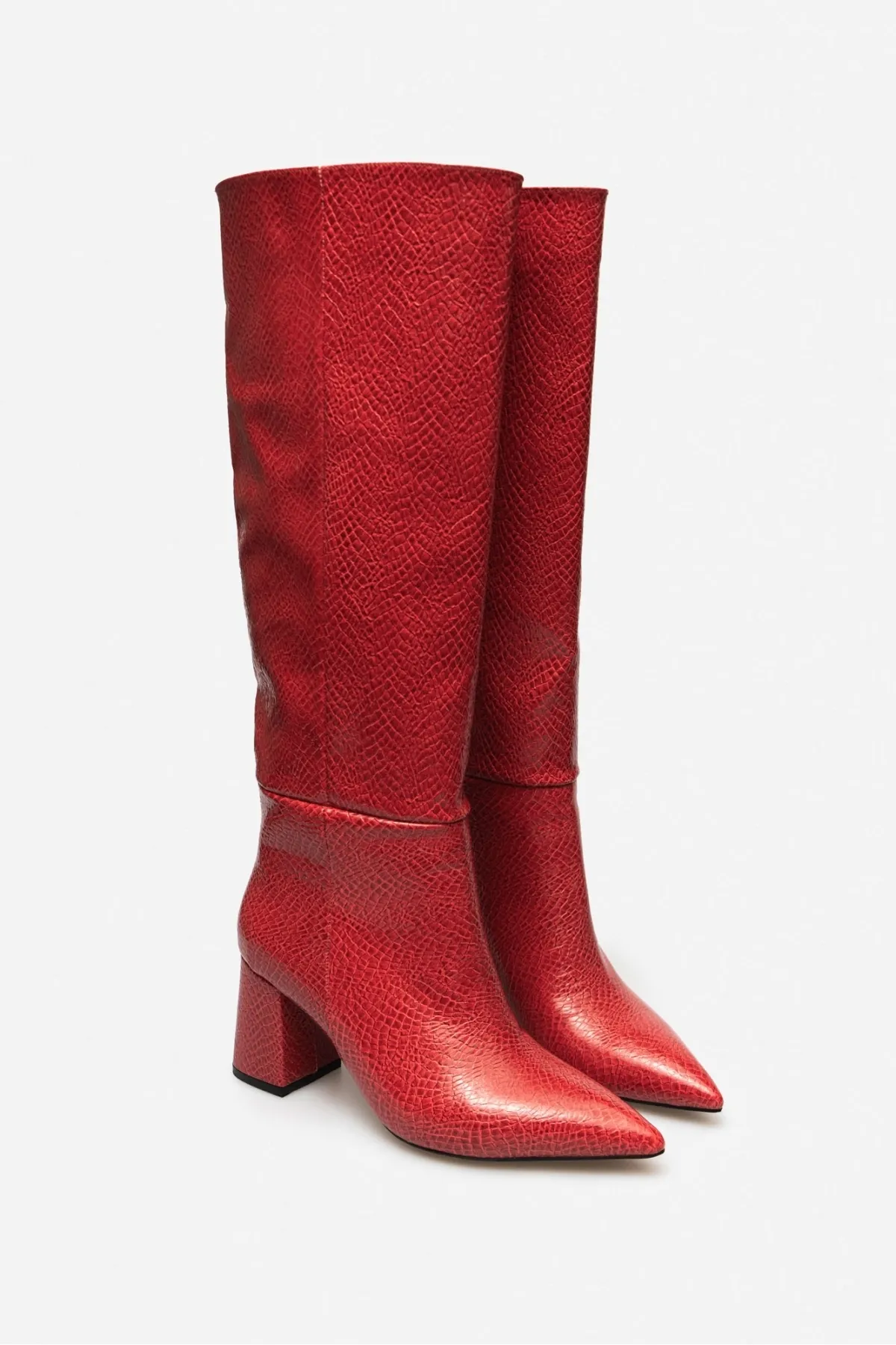 NİŞANTAŞI SHOES  Briar Red gemusterte Damenstiefel aus Lackleder mit spitzer Zehenpartie und Absatz